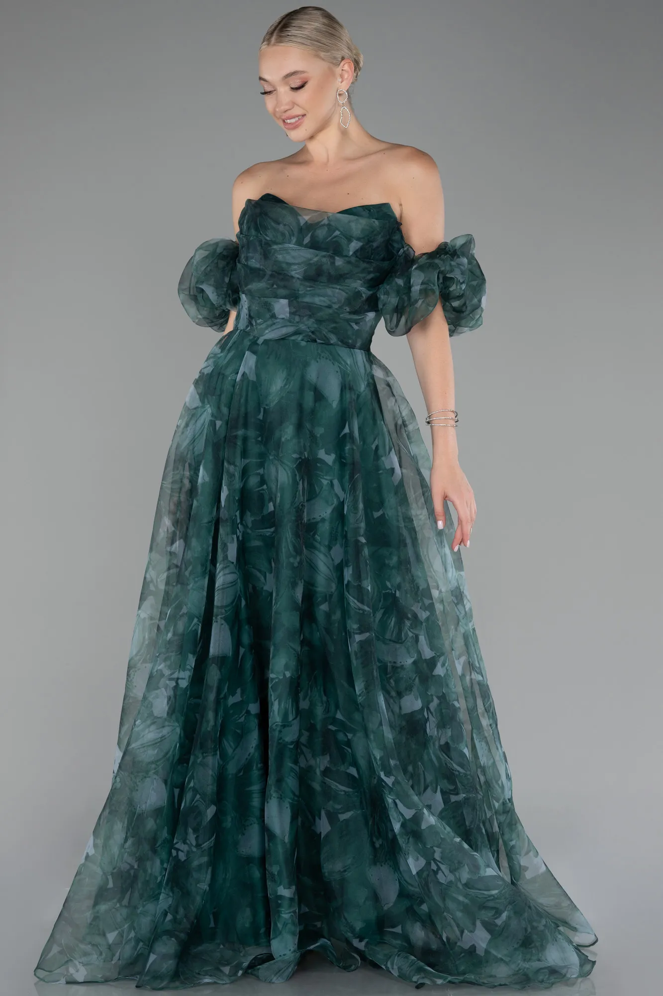 Green-Strapless Patterned Long Chiffon Prom Dress ABU4064