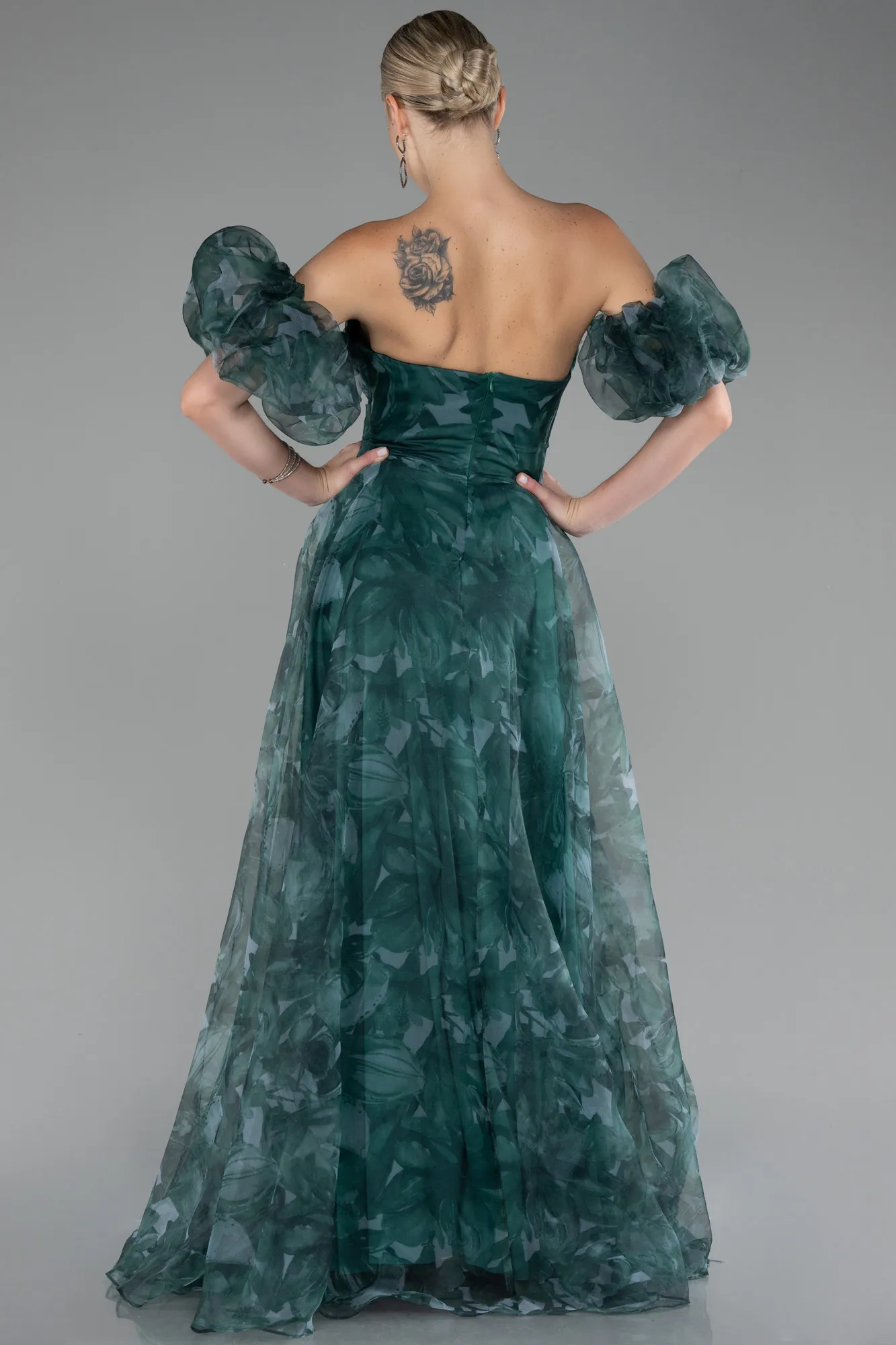 Green-Strapless Patterned Long Chiffon Prom Dress ABU4064