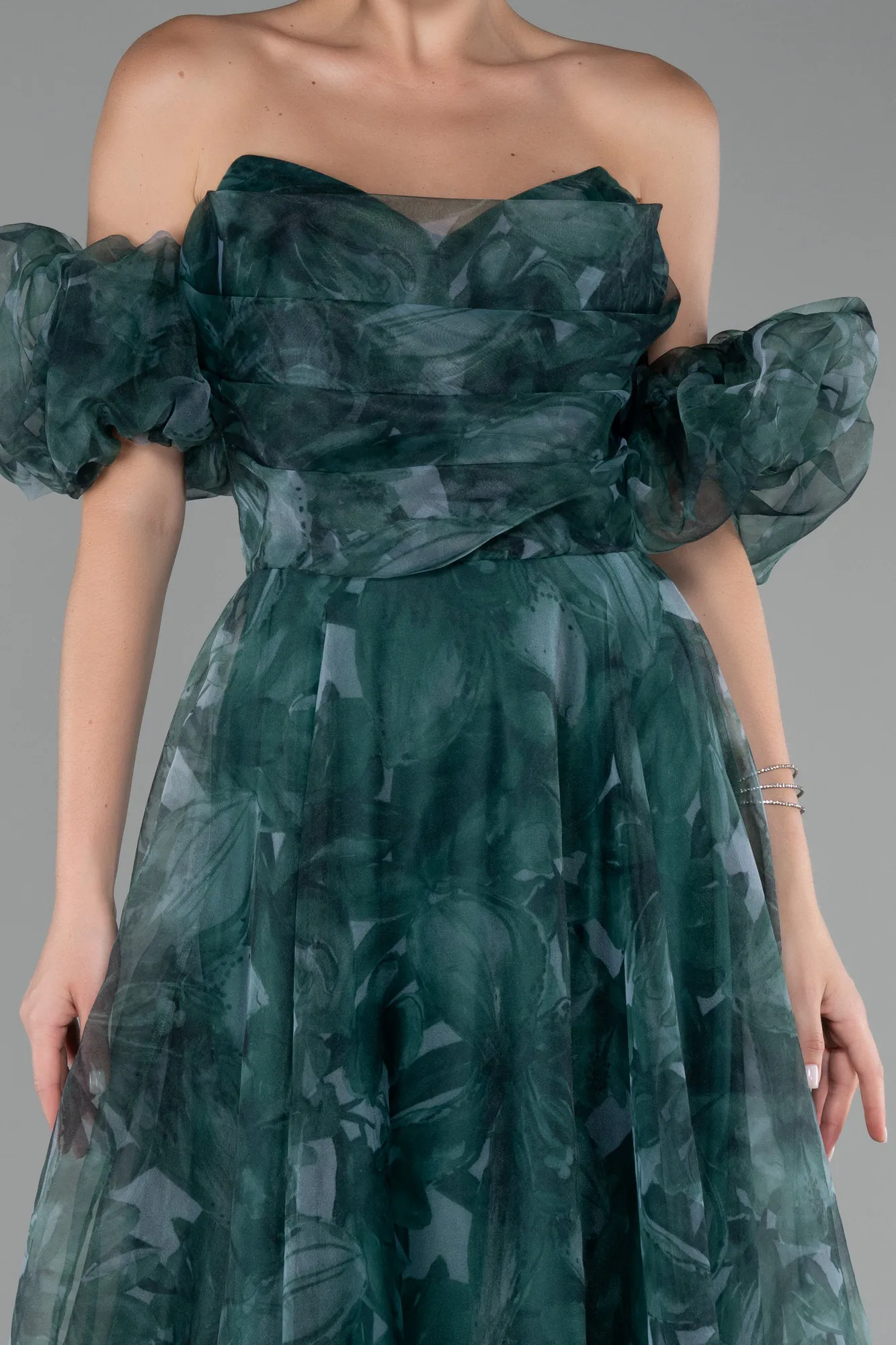 Green-Strapless Patterned Long Chiffon Prom Dress ABU4064