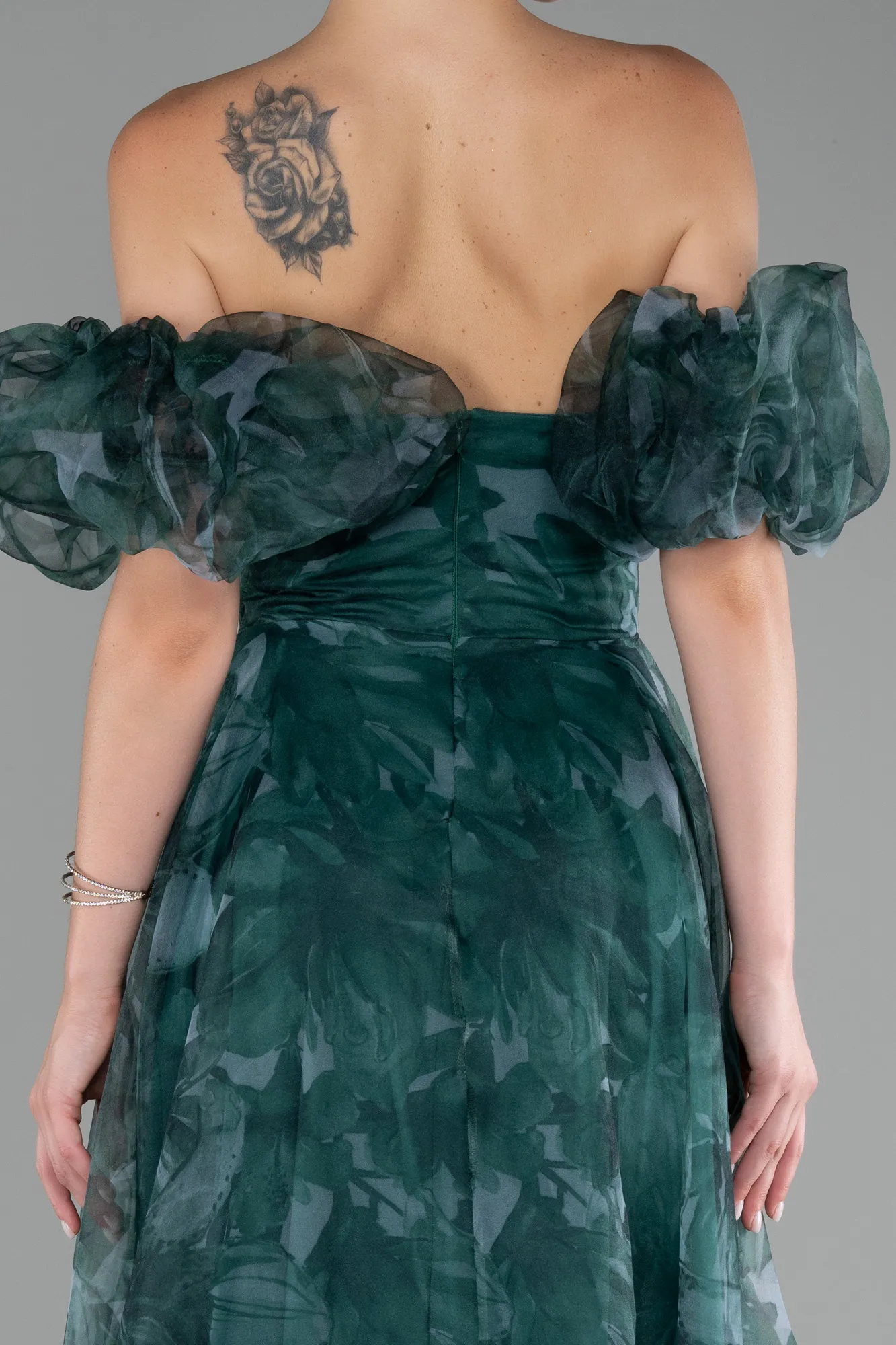 Green-Strapless Patterned Long Chiffon Prom Dress ABU4064