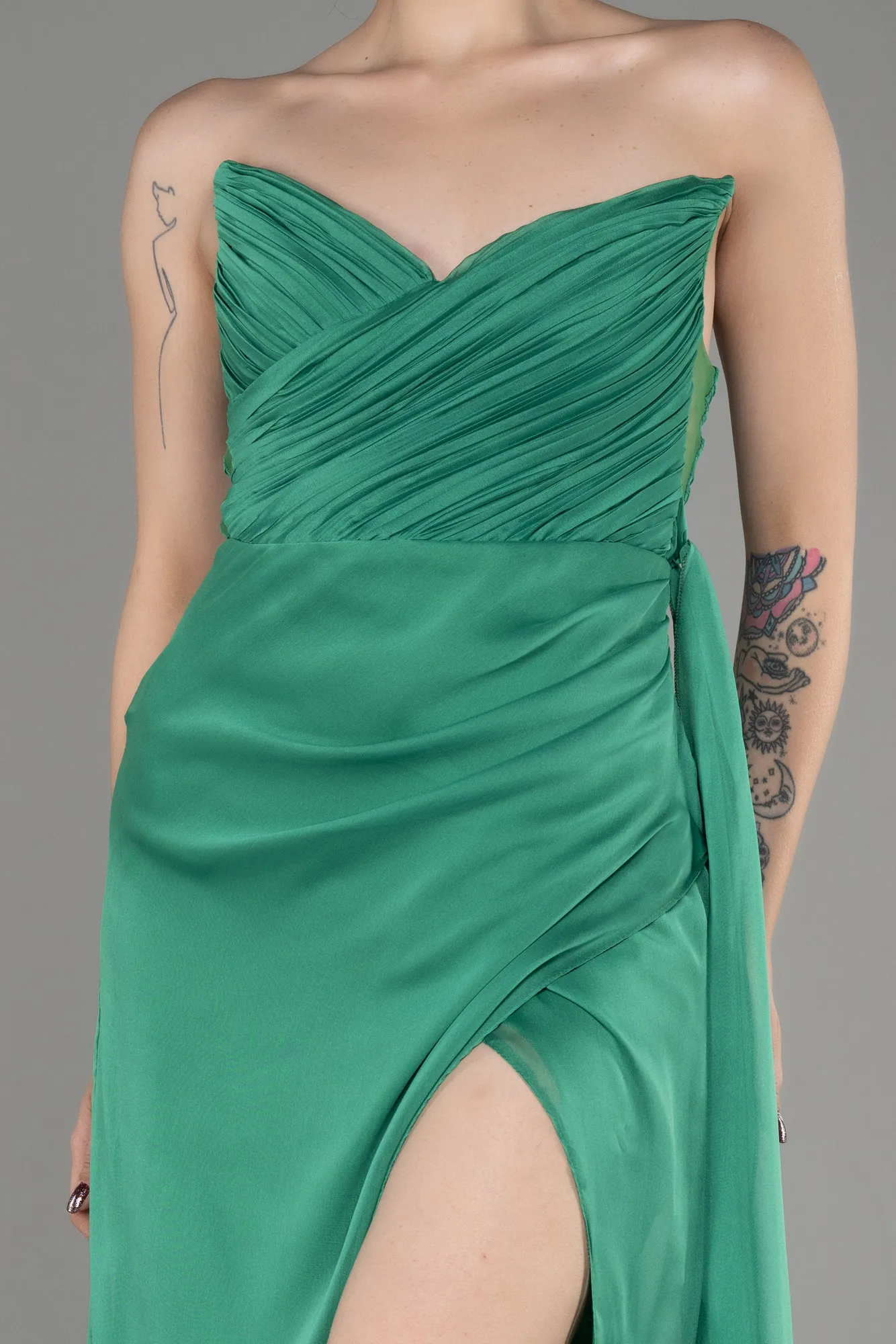 Green-Strapless Slit Long Chiffon Evening Dress ABU3947