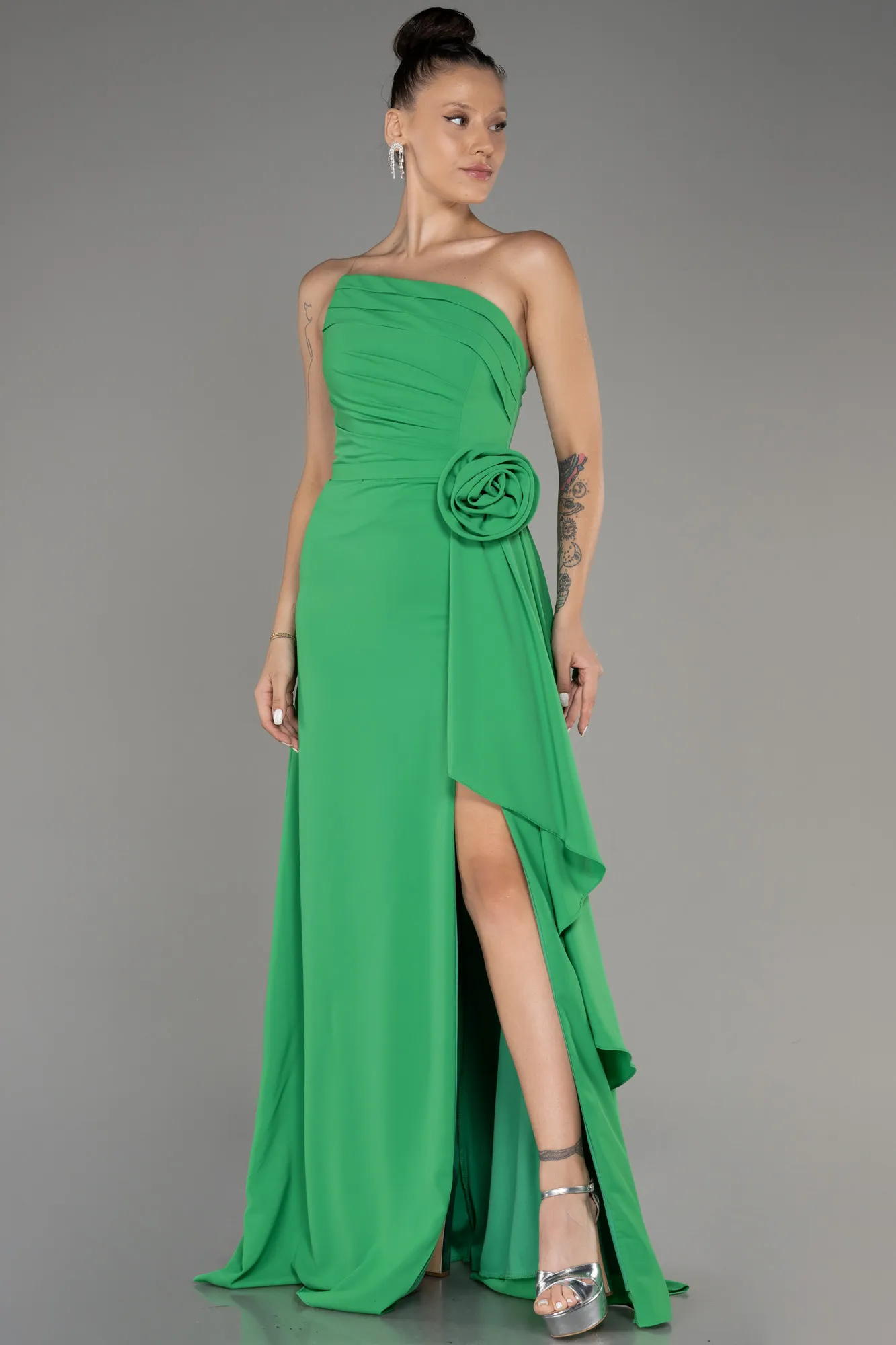 Green-Strapless Slit Long Chiffon Evening Dress ABU3974