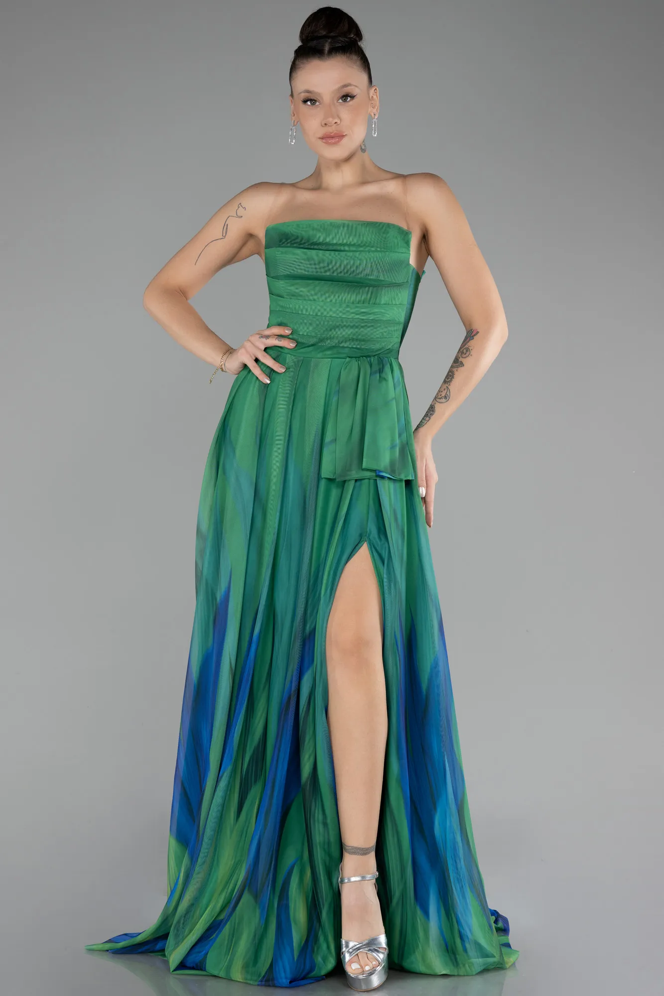 Green-Strapless Slit Long Patterned Prom Gown ABU4253