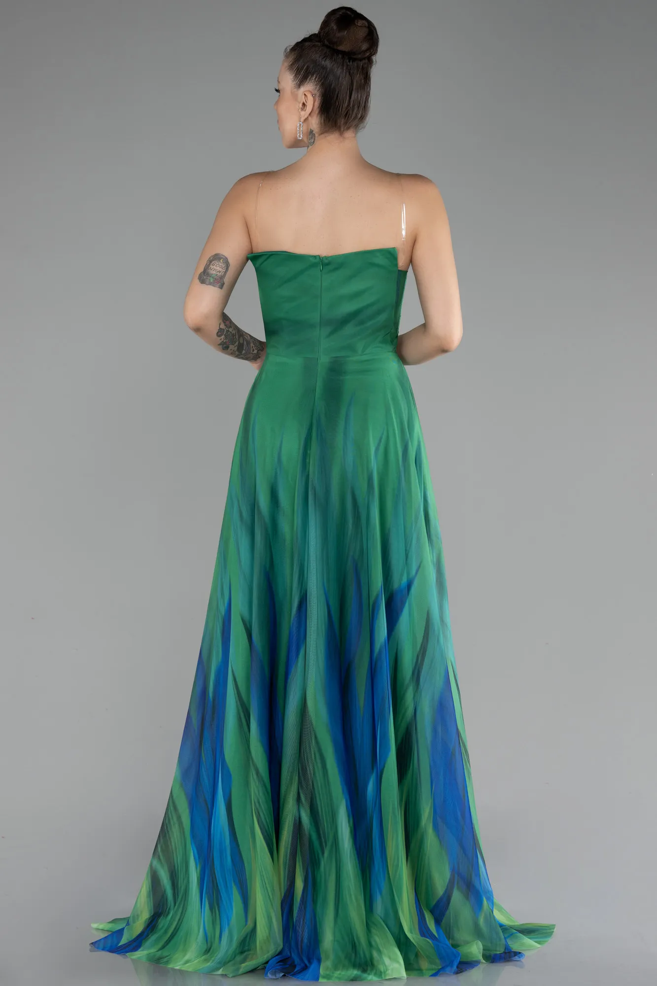 Green-Strapless Slit Long Patterned Prom Gown ABU4253