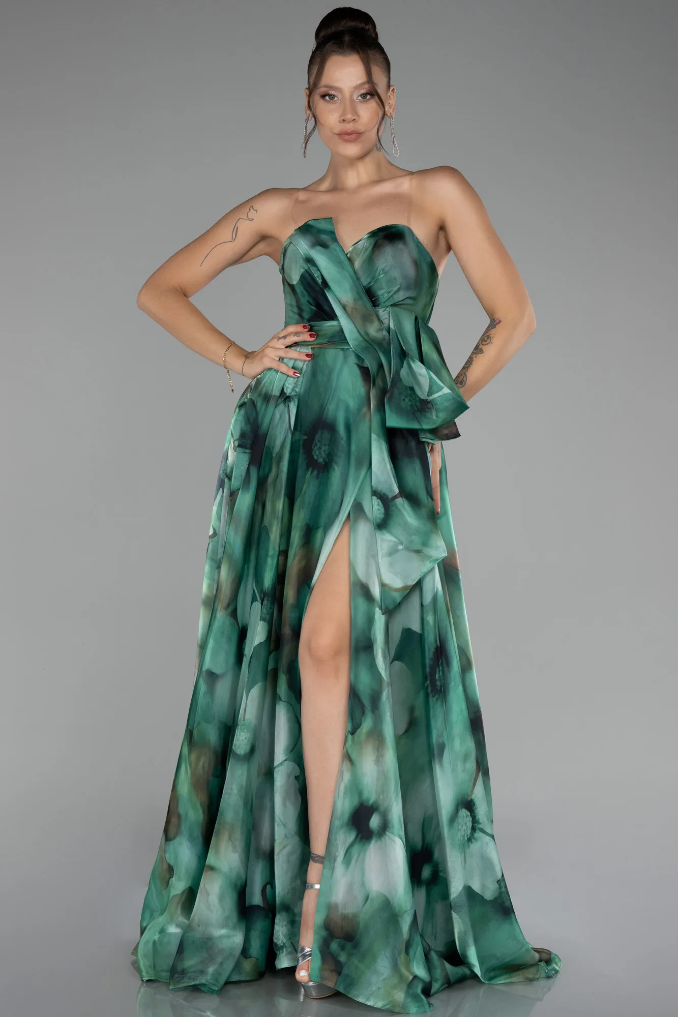 Green-Strapless Slit Long Satin Printed Prom Gown ABU4157