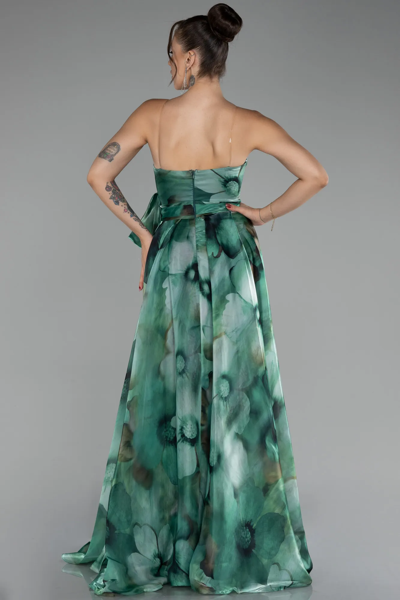 Green-Strapless Slit Long Satin Printed Prom Gown ABU4157