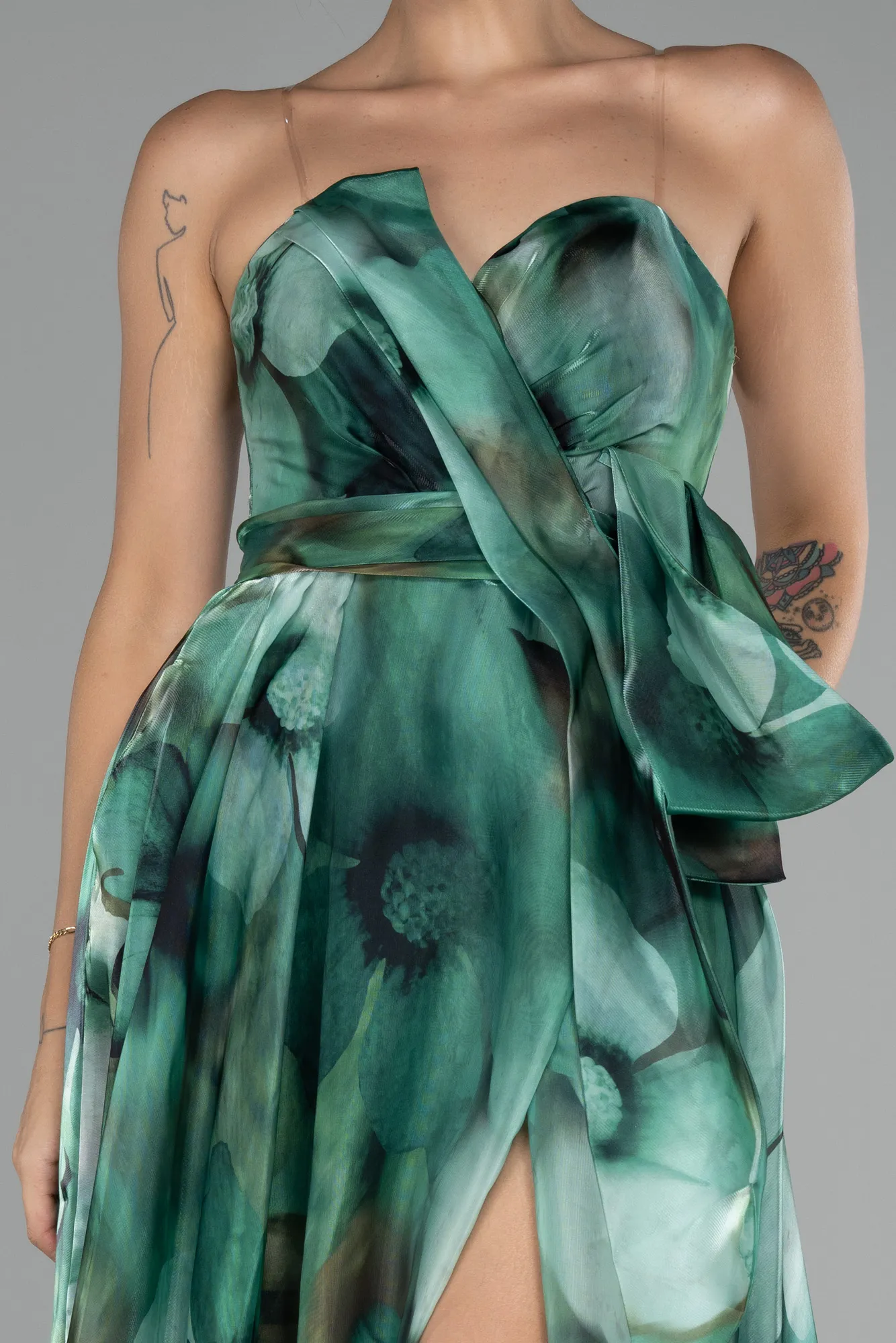 Green-Strapless Slit Long Satin Printed Prom Gown ABU4157