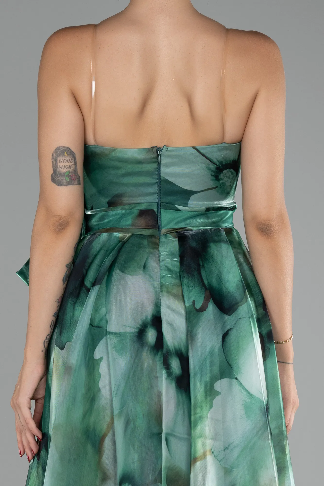 Green-Strapless Slit Long Satin Printed Prom Gown ABU4157