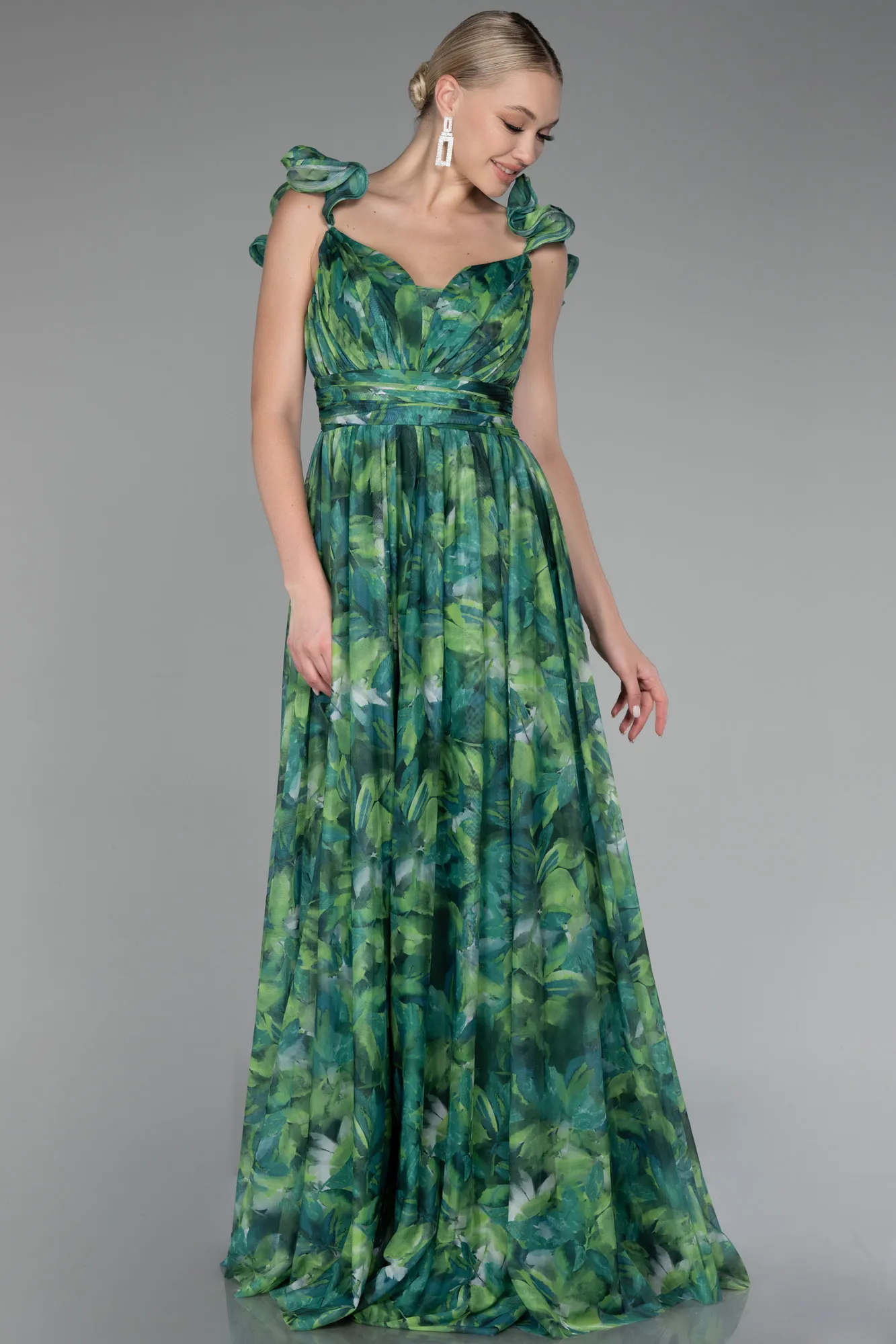 Green-Strappy Floral Long Prom Dress ABU4134