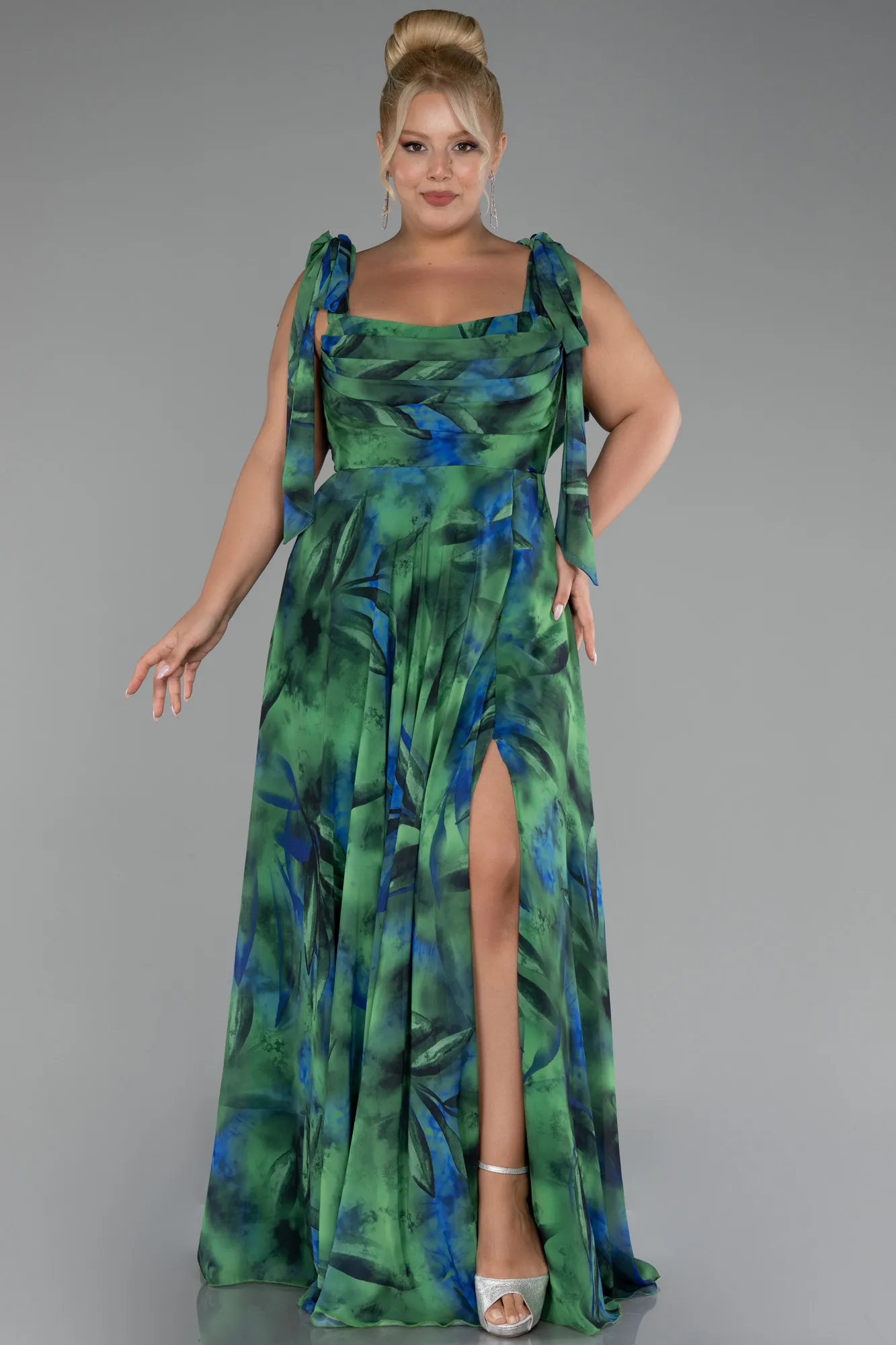 Green-Strappy Slit Printed Long Plus Size Prom Dress ABU4204