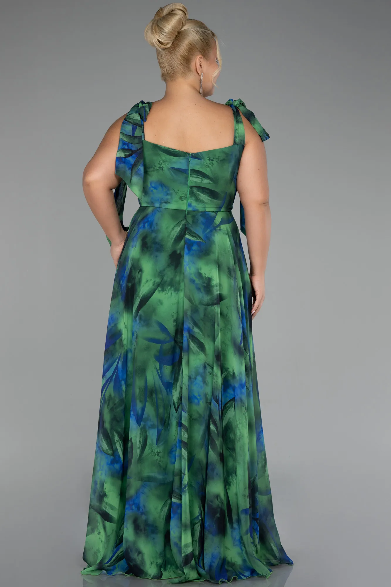 Green-Strappy Slit Printed Long Plus Size Prom Dress ABU4204