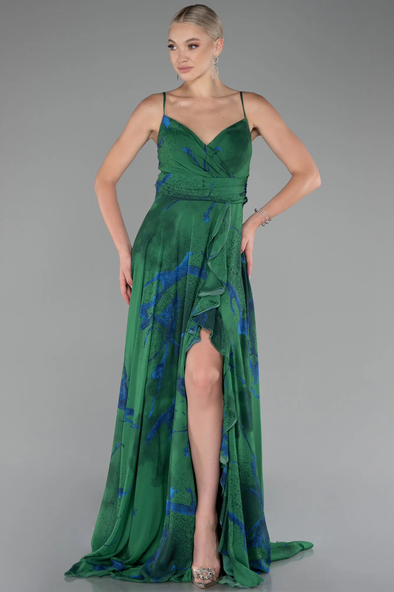 Green-Strappy V Neck Slit Long Patterned Prom Dress ABU4070