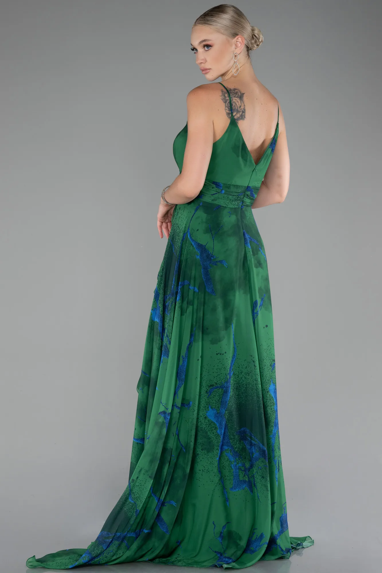 Green-Strappy V Neck Slit Long Patterned Prom Dress ABU4070