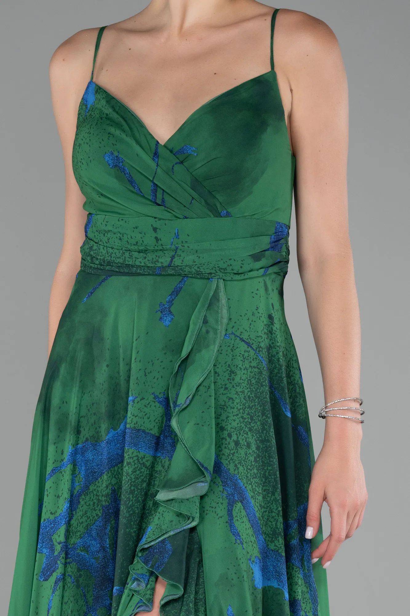 Green-Strappy V Neck Slit Long Patterned Prom Dress ABU4070