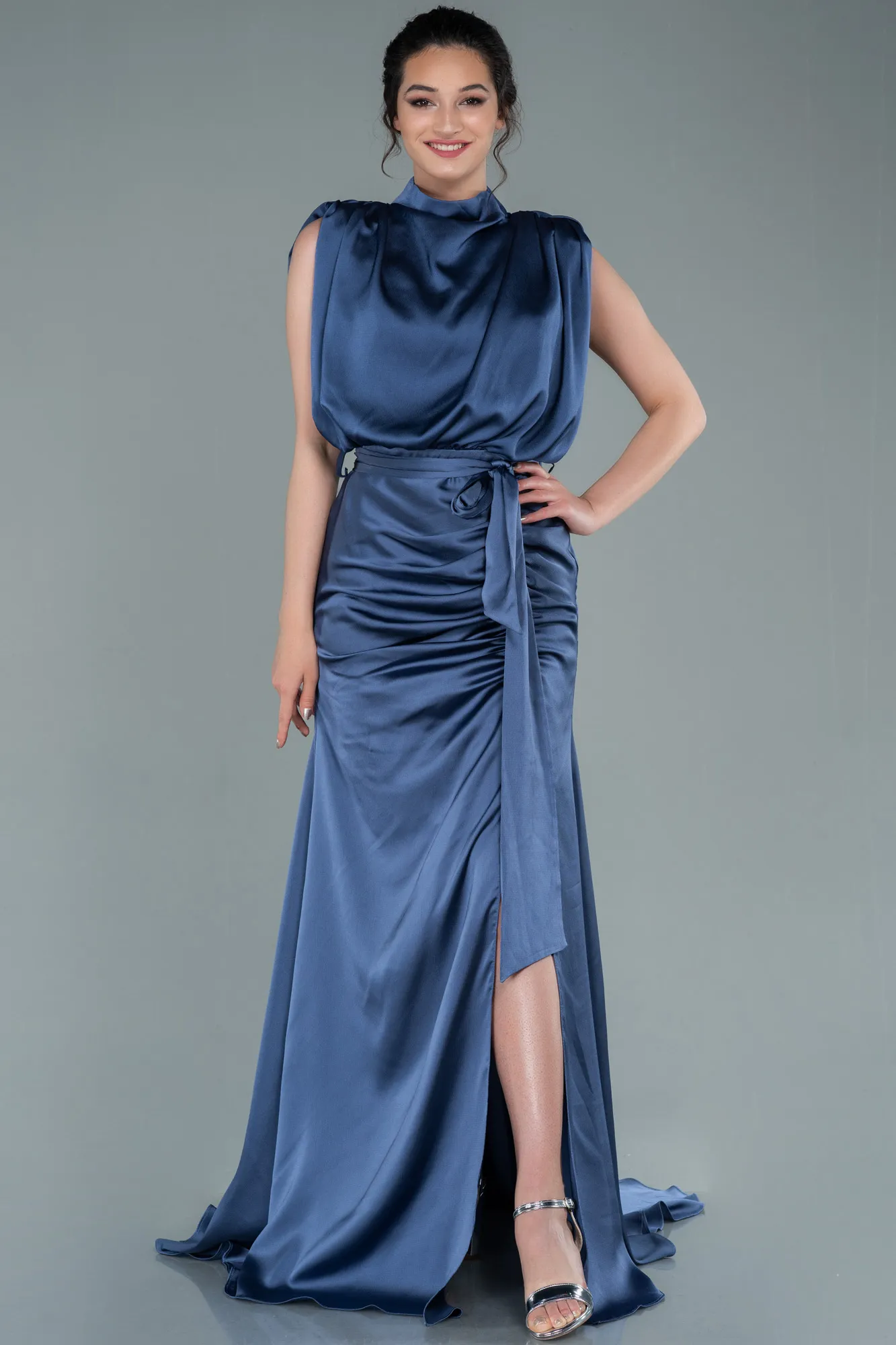Grey-Indigo-Long Satin Evening Dress ABU2133
