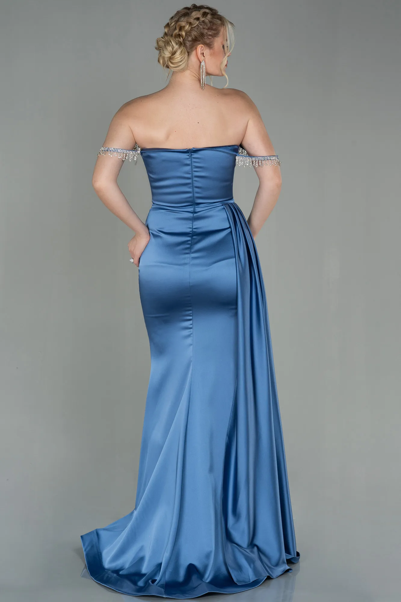 Grey-Indigo-Long Satin Evening Dress ABU2618