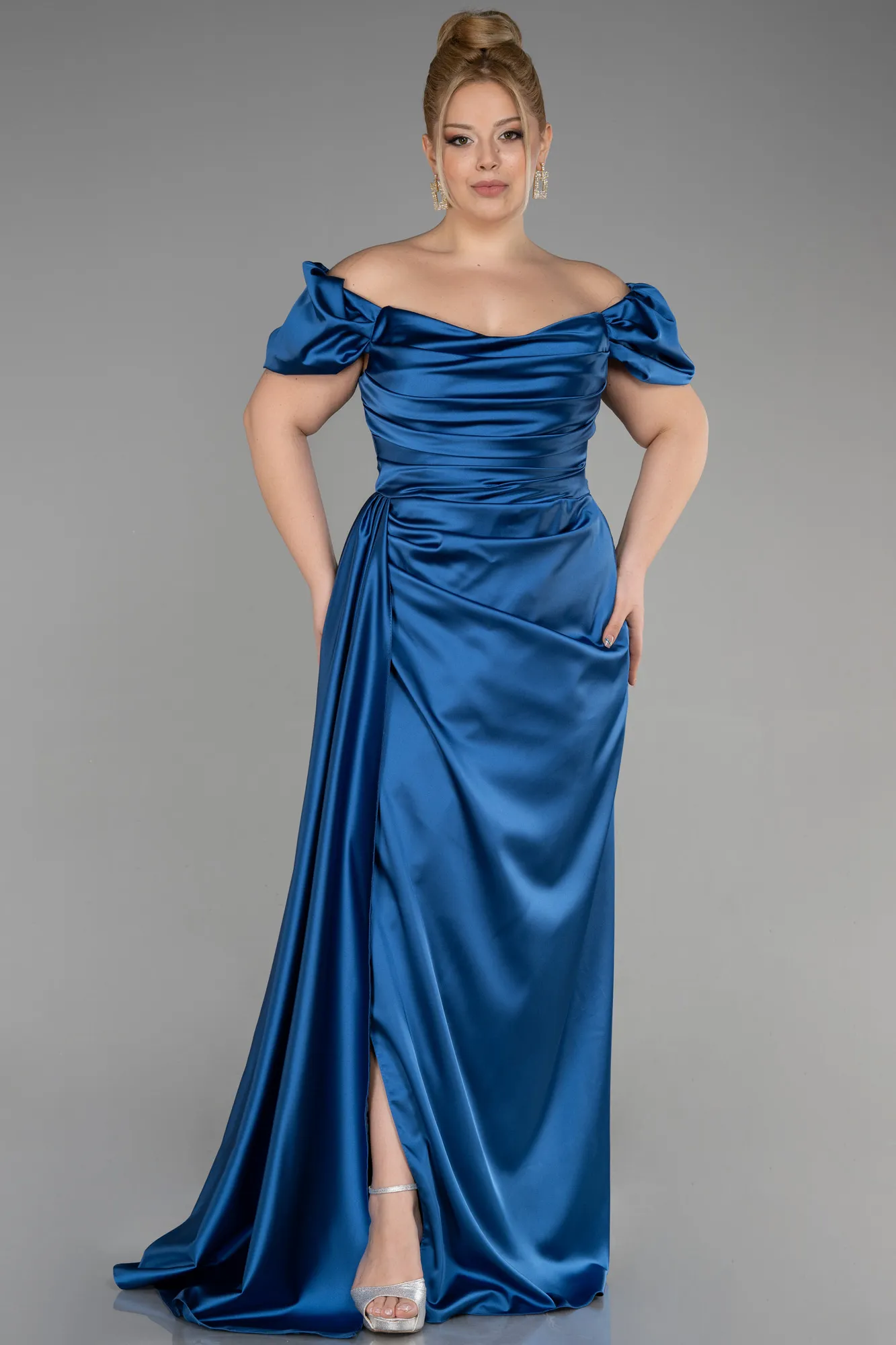 Grey-Indigo-Long Satin Plus Size Evening Dress ABU1626