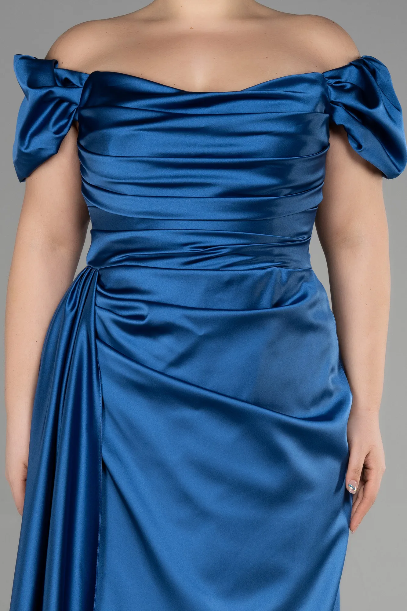 Grey-Indigo-Long Satin Plus Size Evening Dress ABU1626