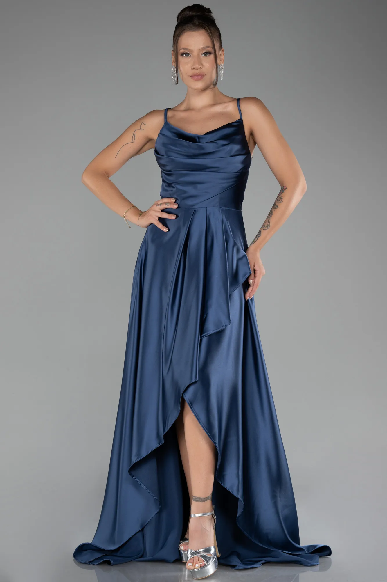 Grey-Indigo-Long Satin Prom Gown ABU3242