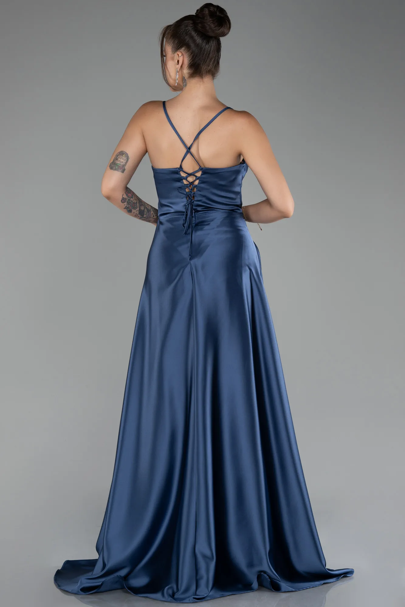 Grey-Indigo-Long Satin Prom Gown ABU3242