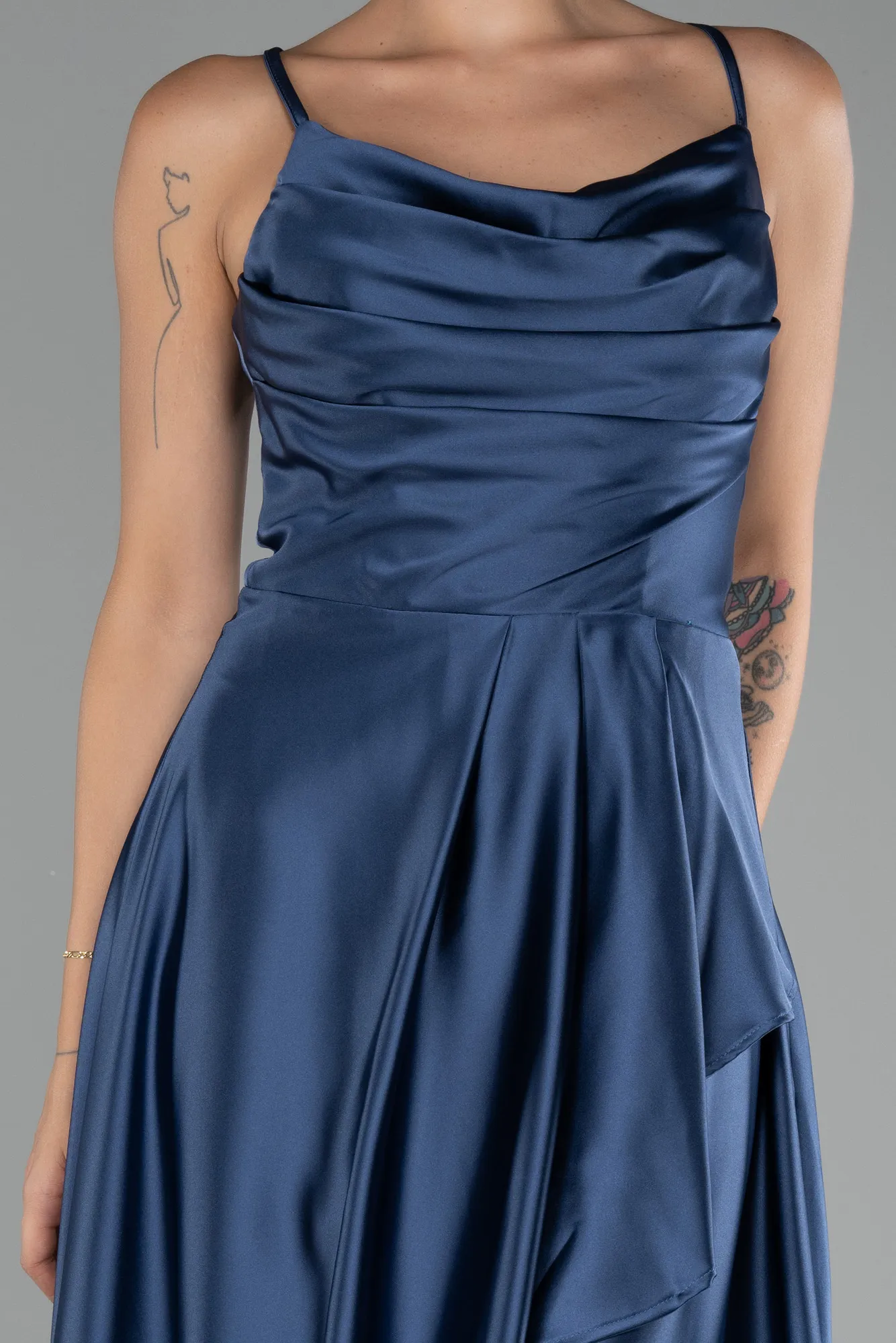 Grey-Indigo-Long Satin Prom Gown ABU3242