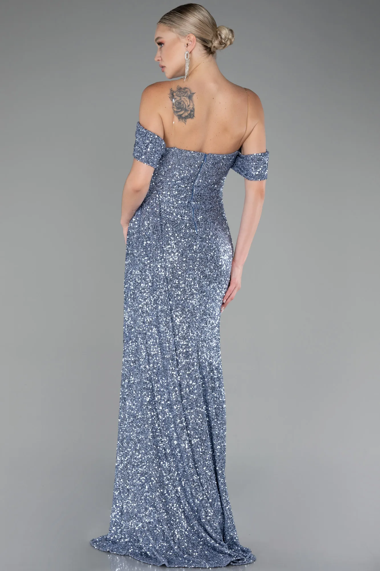 Grey-Indigo-Off Shoulder Boat Neck Slit Sequined Long Evening Gown ABU4074