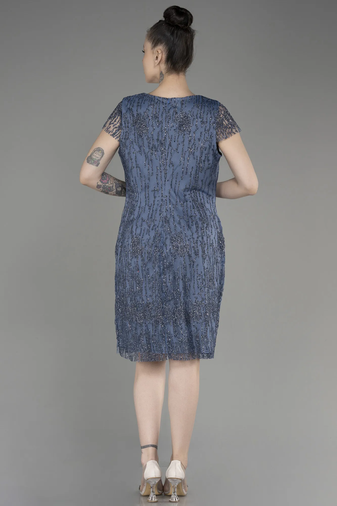 Grey-Indigo-Short Sleeve Glittery Plus Size Invitation Dress ABK2050