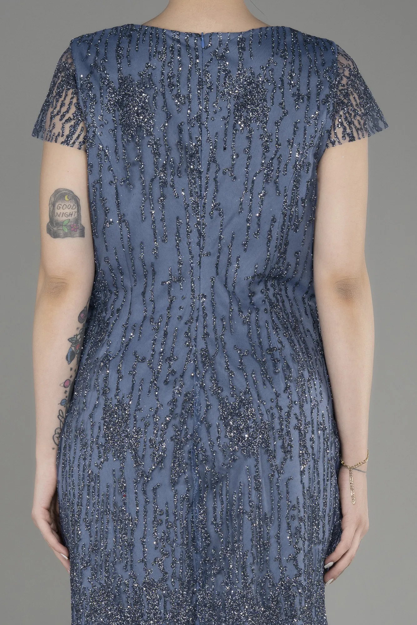 Grey-Indigo-Short Sleeve Glittery Plus Size Invitation Dress ABK2050