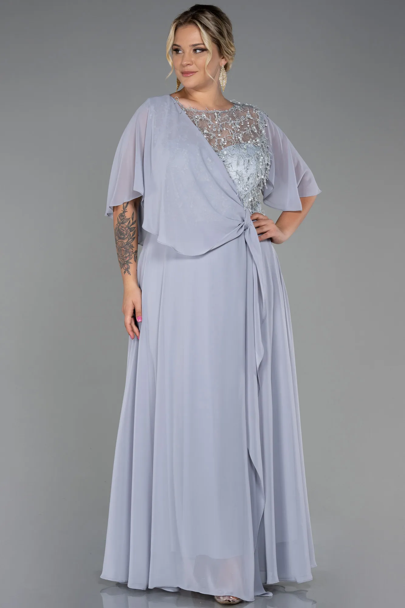 Grey-Long Chiffon Plus Size Evening Dress ABU3257
