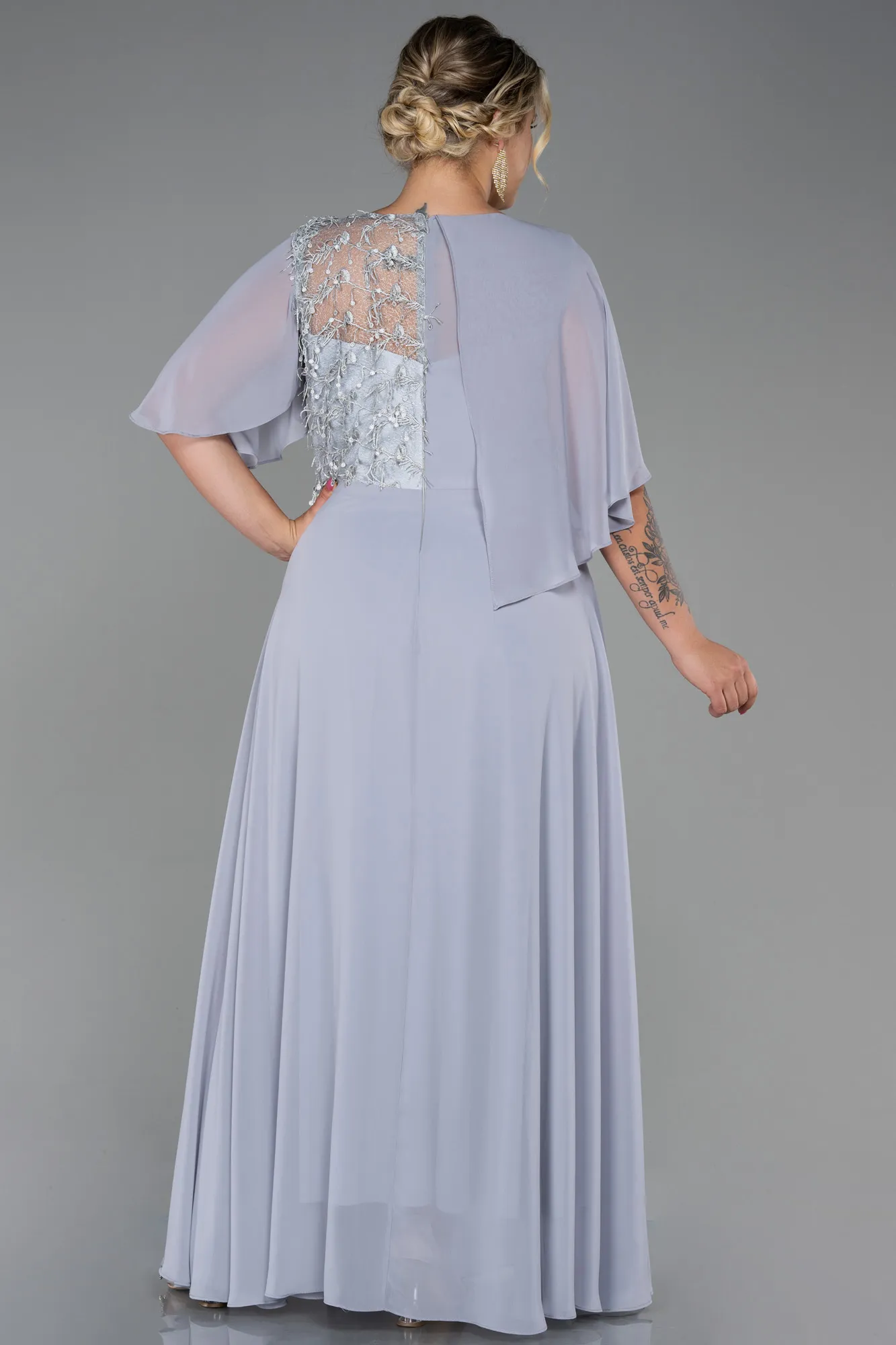 Grey-Long Chiffon Plus Size Evening Dress ABU3257