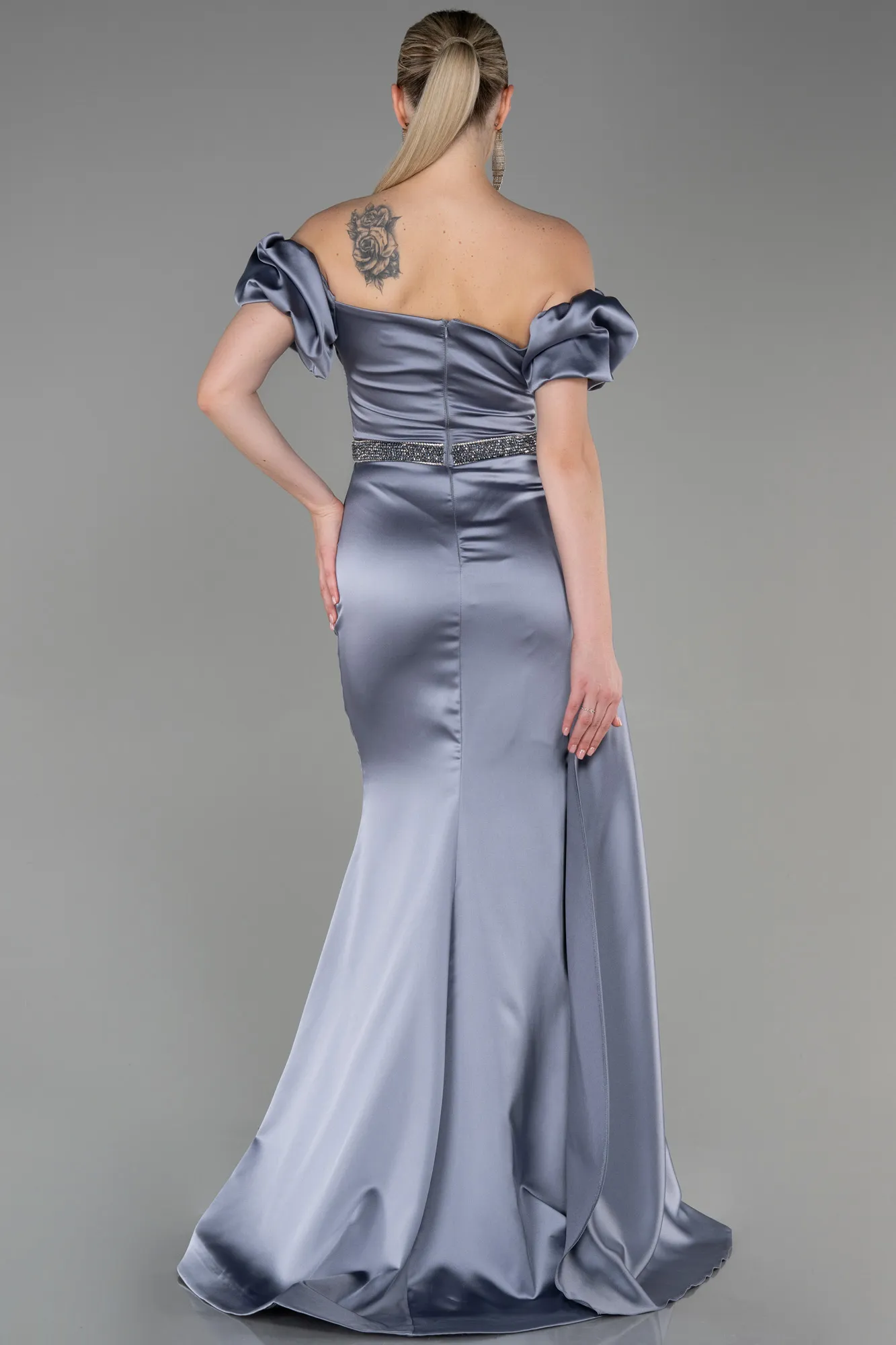 Grey-Long Satin Evening Dress ABU3331