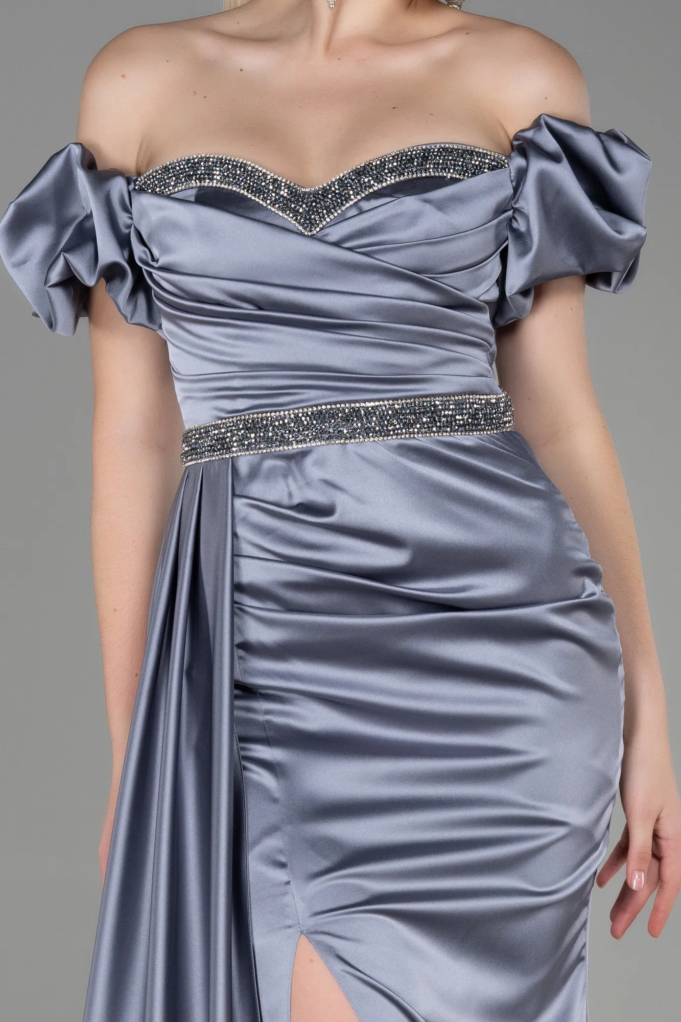 Grey-Long Satin Evening Dress ABU3331