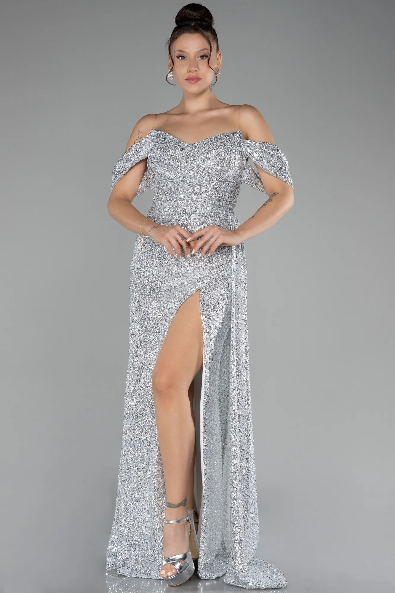 Grey-Off Shoulder Boat Neck Slit Sequined Long Evening Gown ABU4074