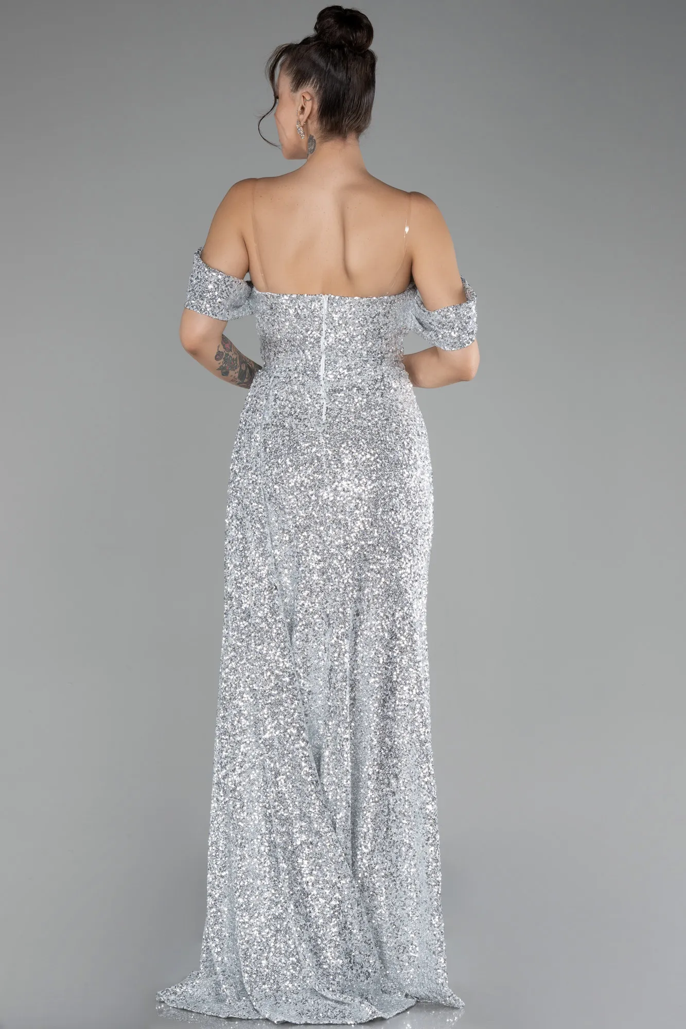 Grey-Off Shoulder Boat Neck Slit Sequined Long Evening Gown ABU4074