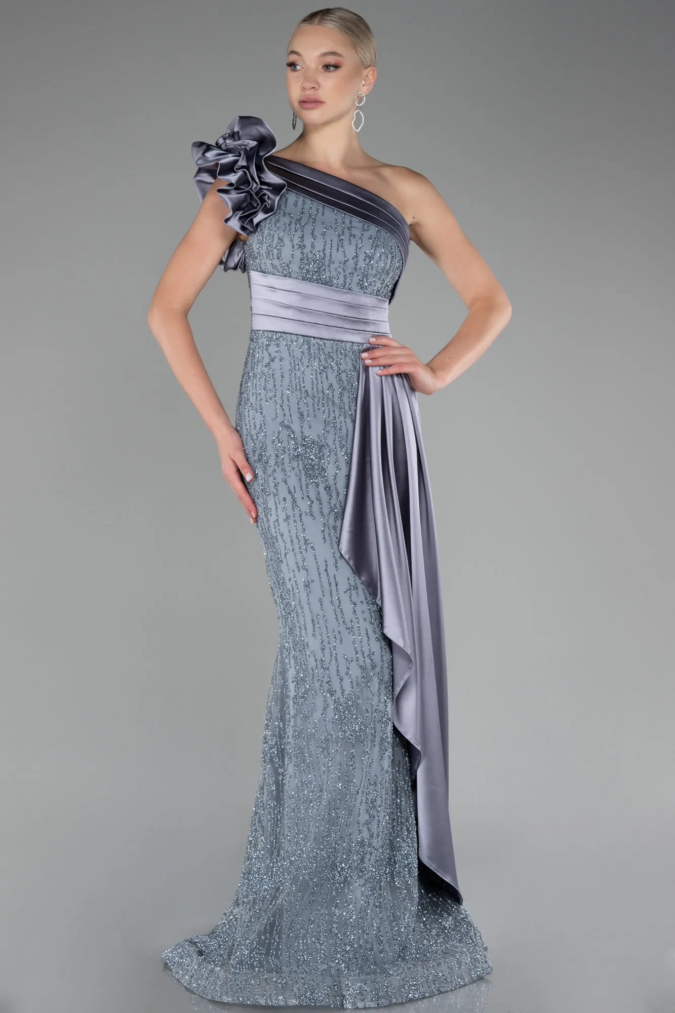 Grey-One Shoulder Glitter Long Evening Gown ABU4059