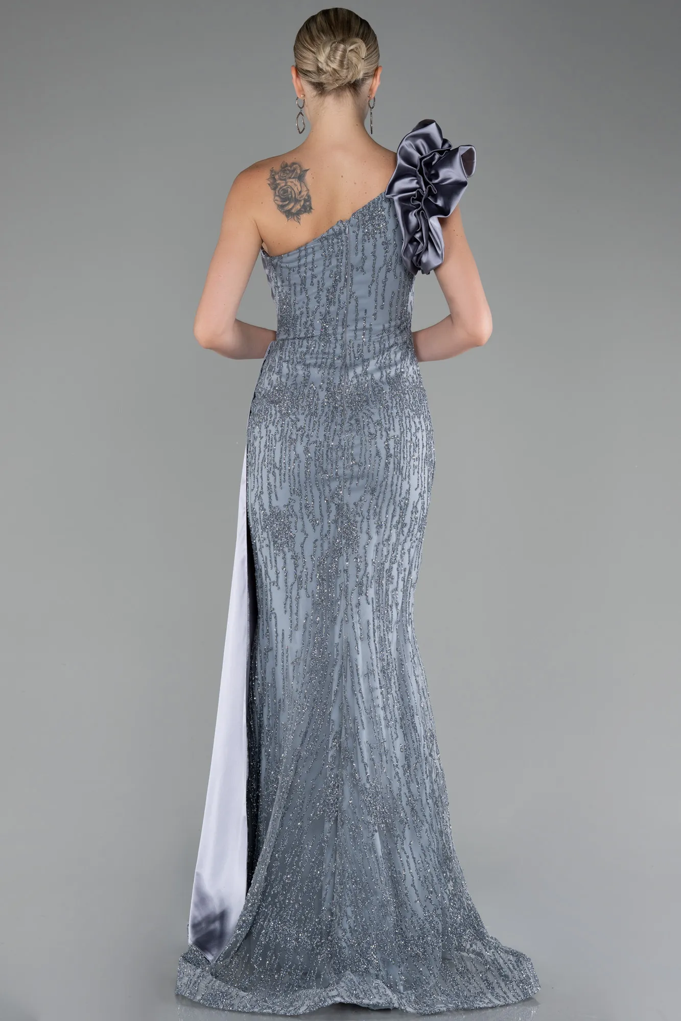 Grey-One Shoulder Glitter Long Evening Gown ABU4059