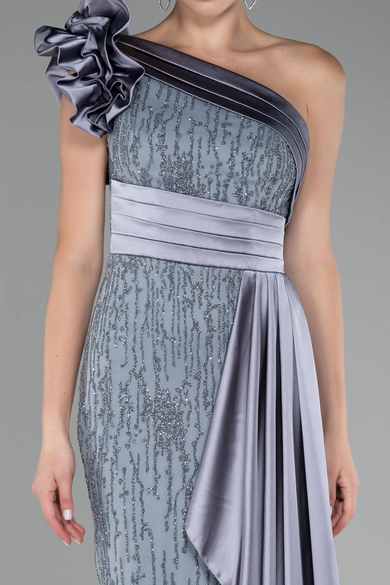 Grey-One Shoulder Glitter Long Evening Gown ABU4059