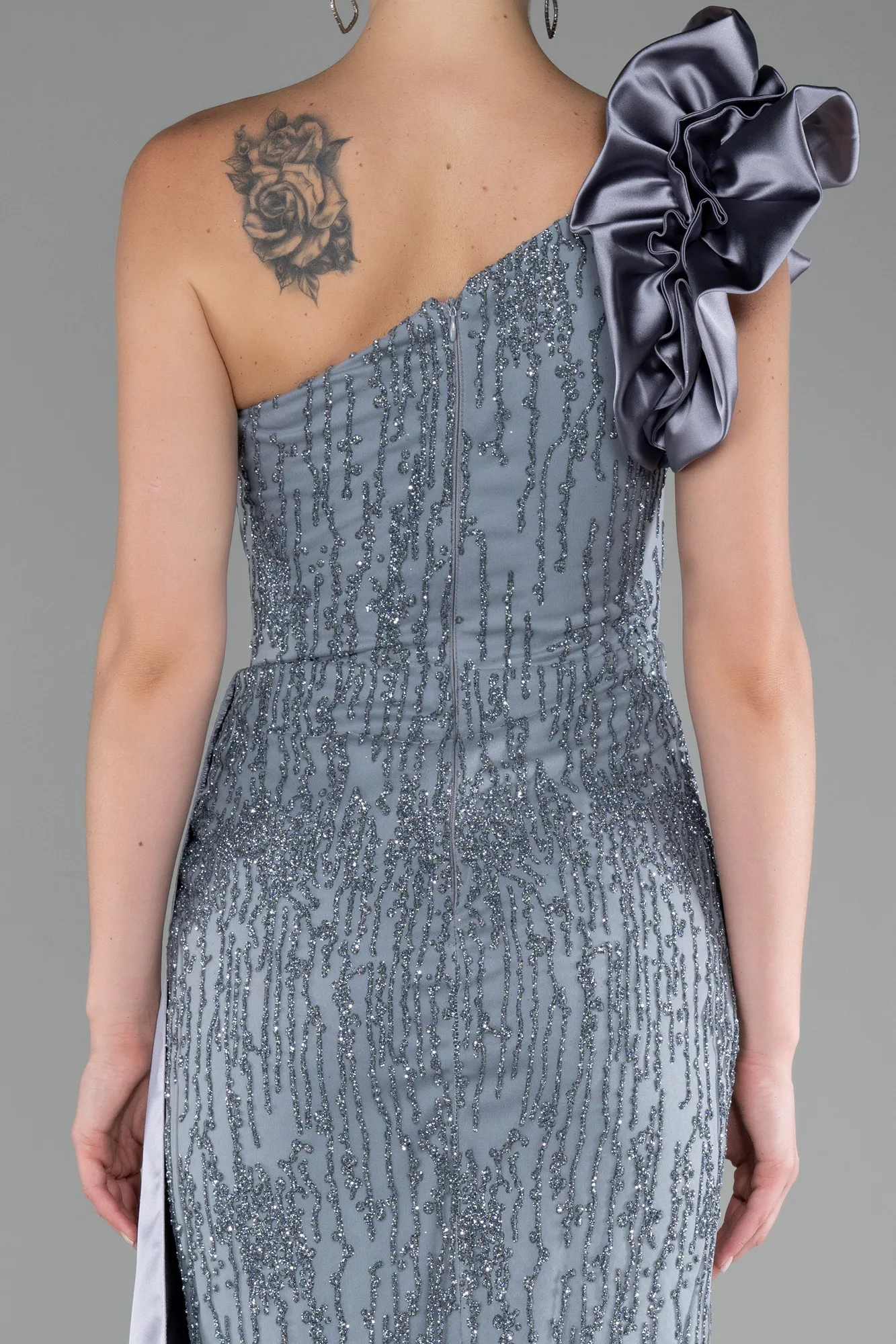 Grey-One Shoulder Glitter Long Evening Gown ABU4059