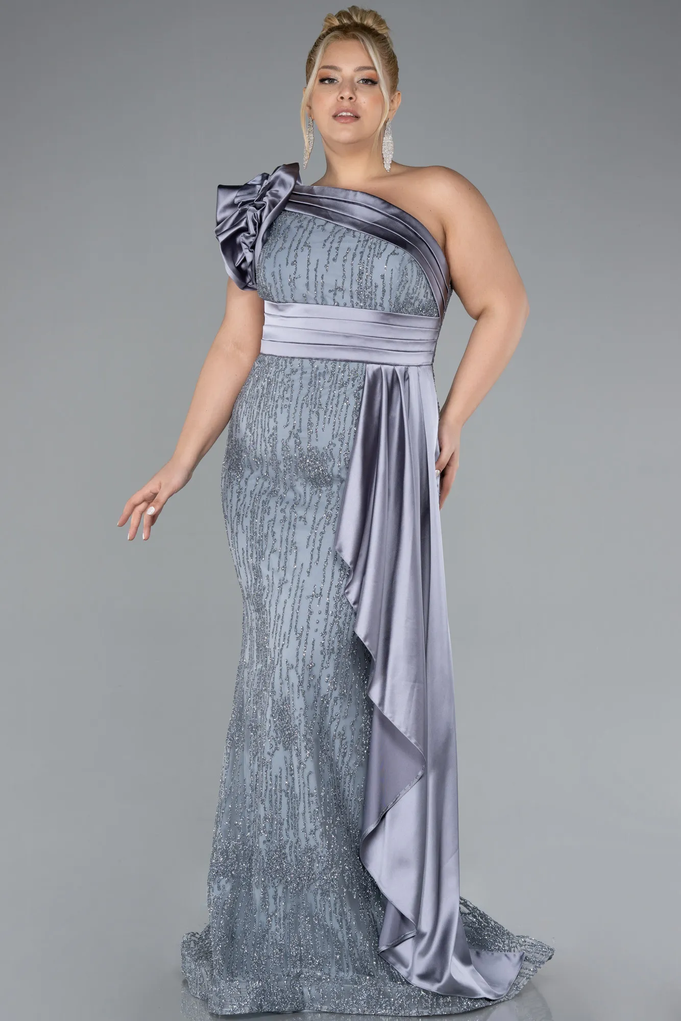 Grey-One Shoulder Glitter Long Plus Size Evening Gown ABU4060