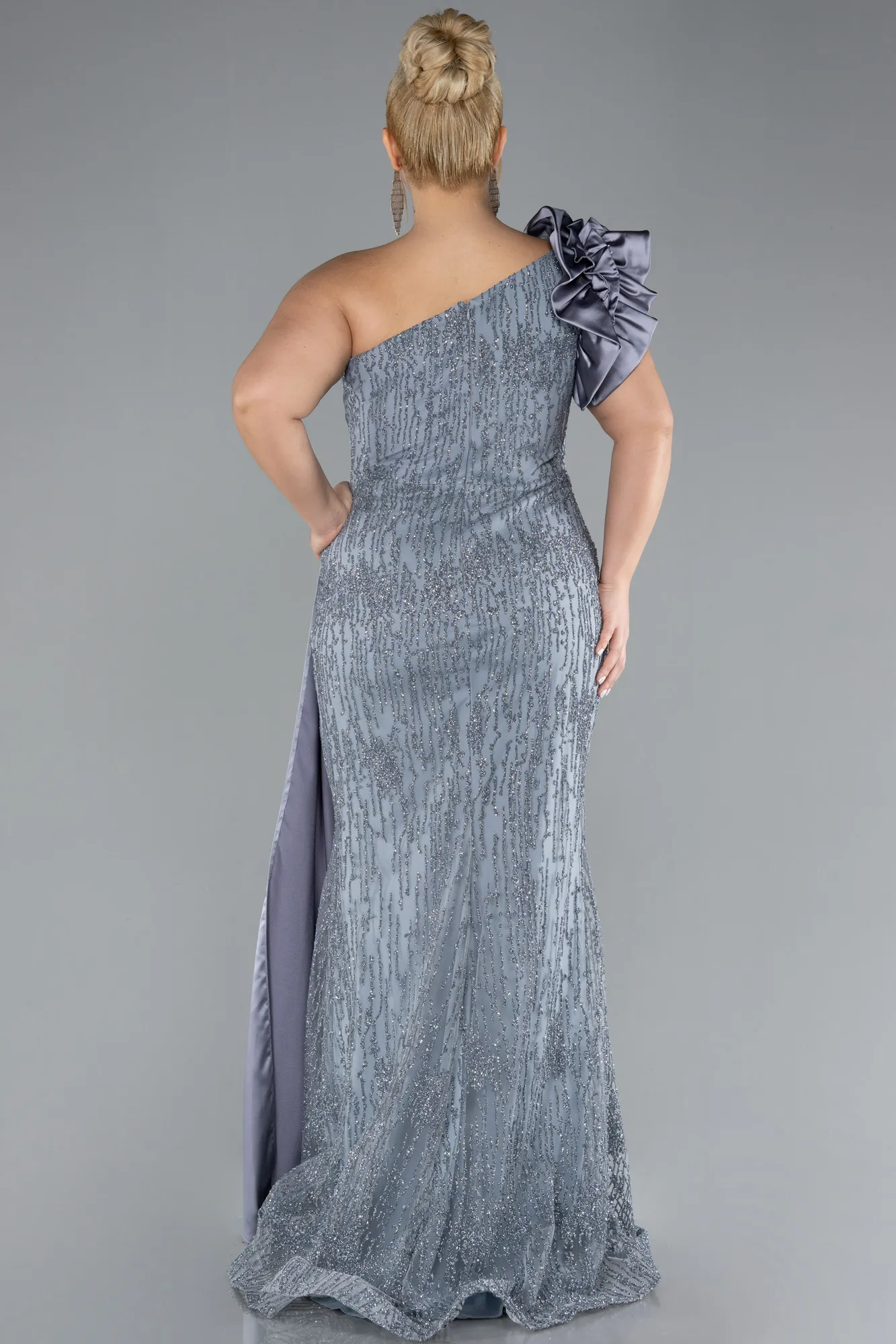 Grey-One Shoulder Glitter Long Plus Size Evening Gown ABU4060