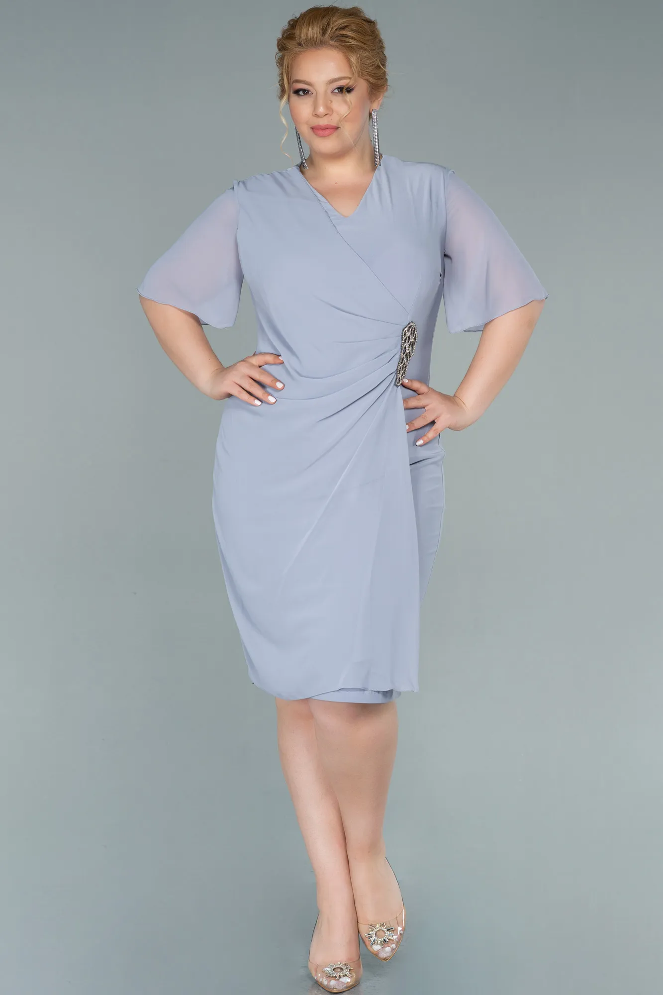 Grey-Short Chiffon Plus Size Evening Dress ABK1299