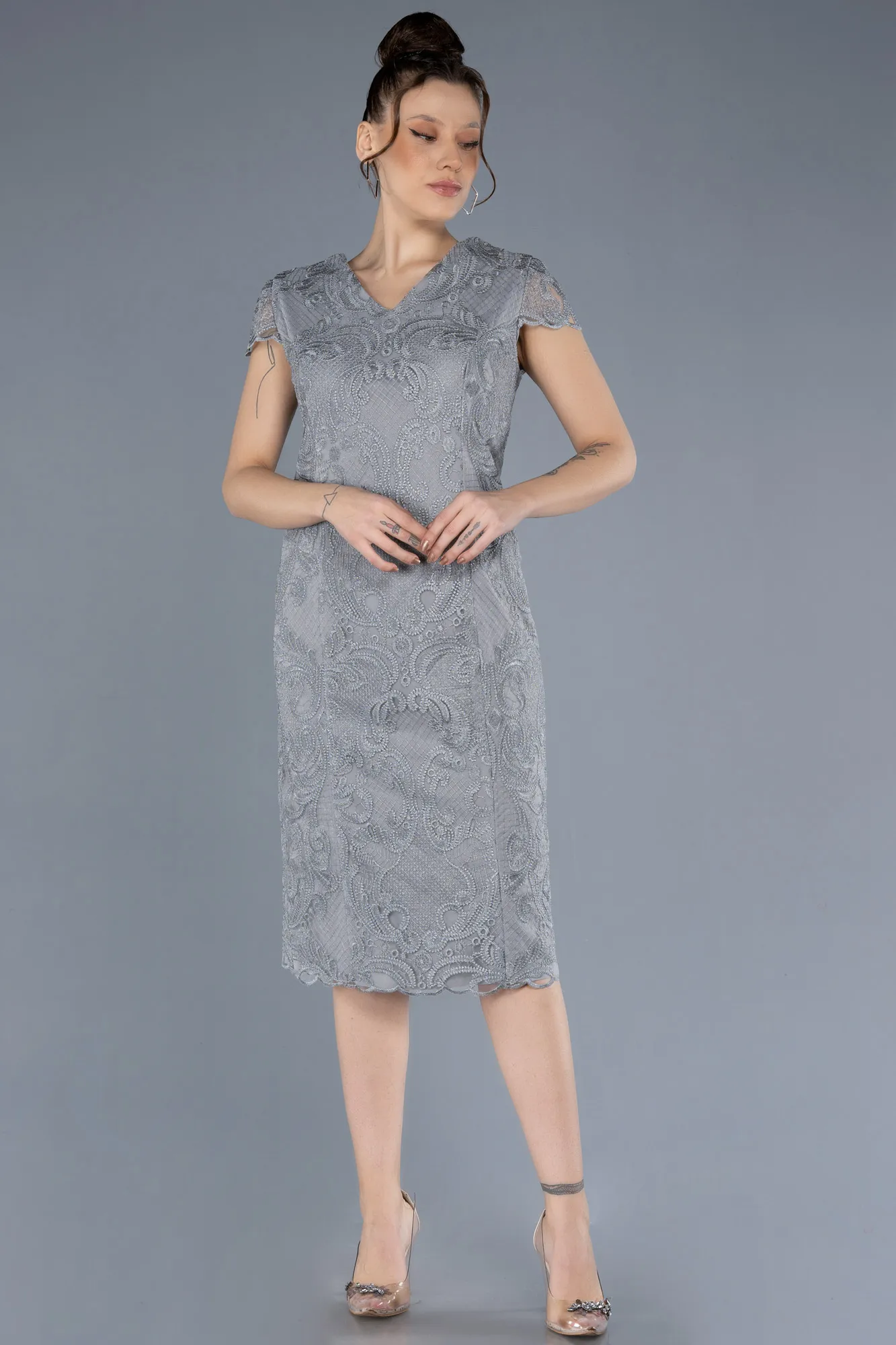 Grey-Short Sleeve Guipure Midi Plus Size Invitation Dress ABK2229