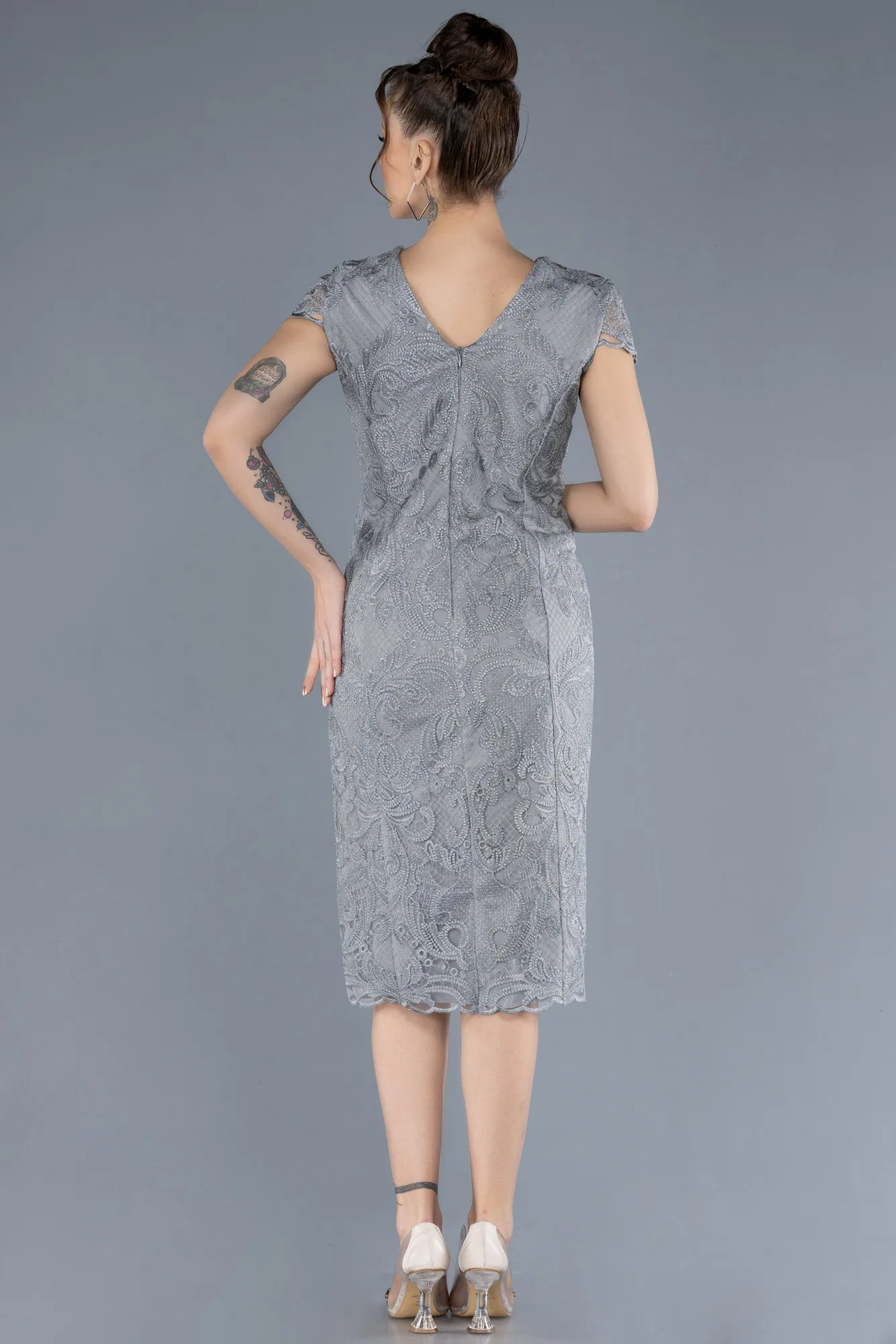 Grey-Short Sleeve Guipure Midi Plus Size Invitation Dress ABK2229