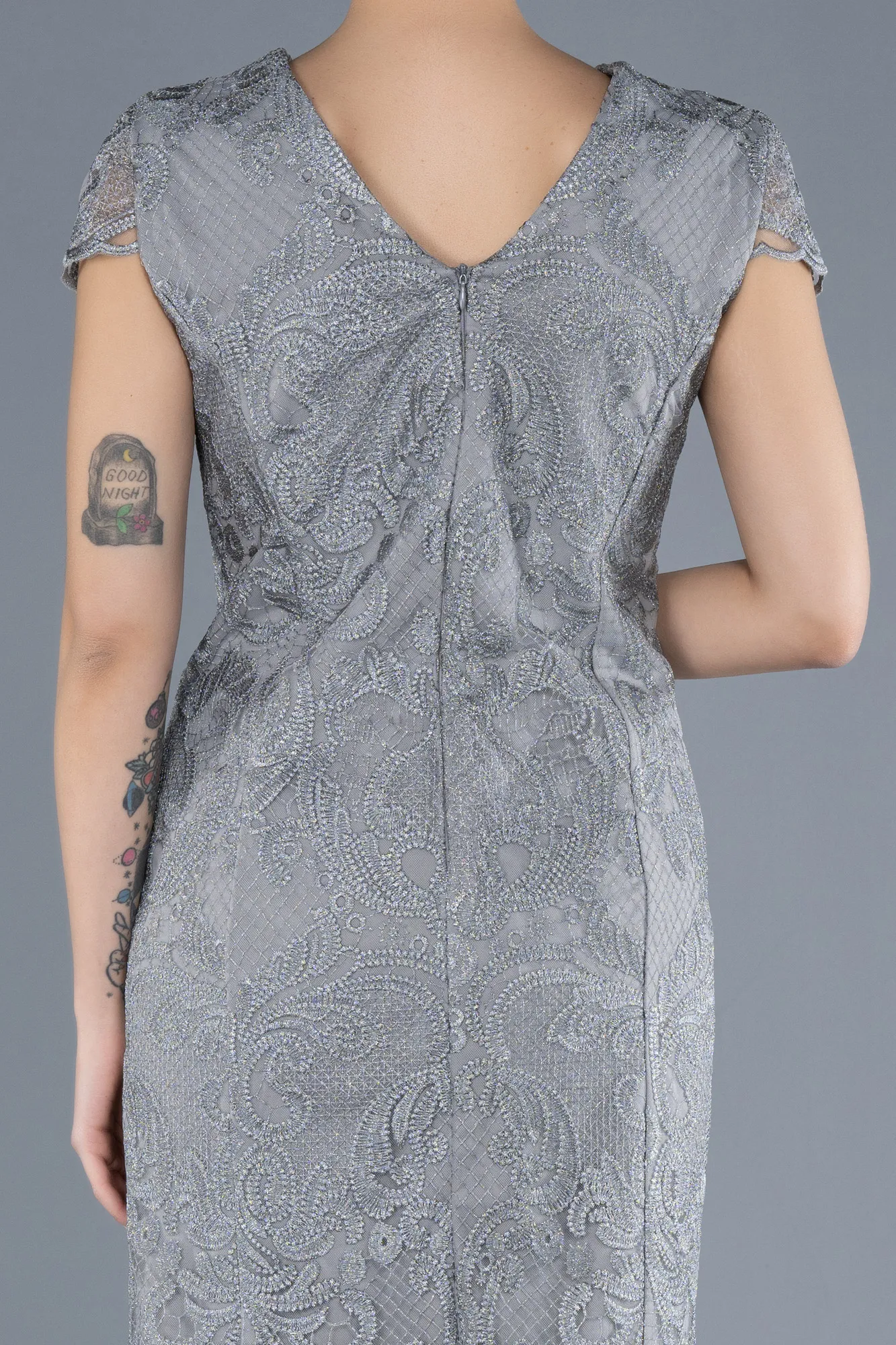 Grey-Short Sleeve Guipure Midi Plus Size Invitation Dress ABK2229