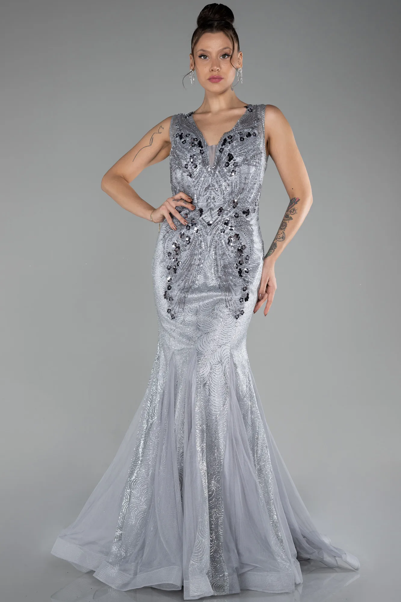 Grey-Sleeveless Stoned Long Evening Gown ABU4170