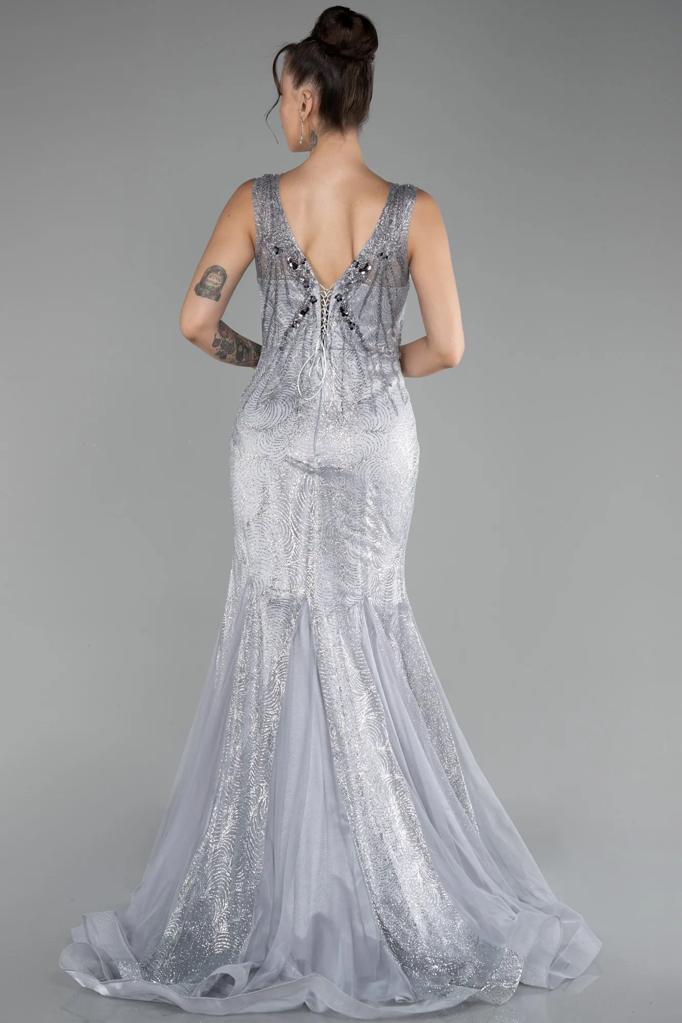 Grey-Sleeveless Stoned Long Evening Gown ABU4170