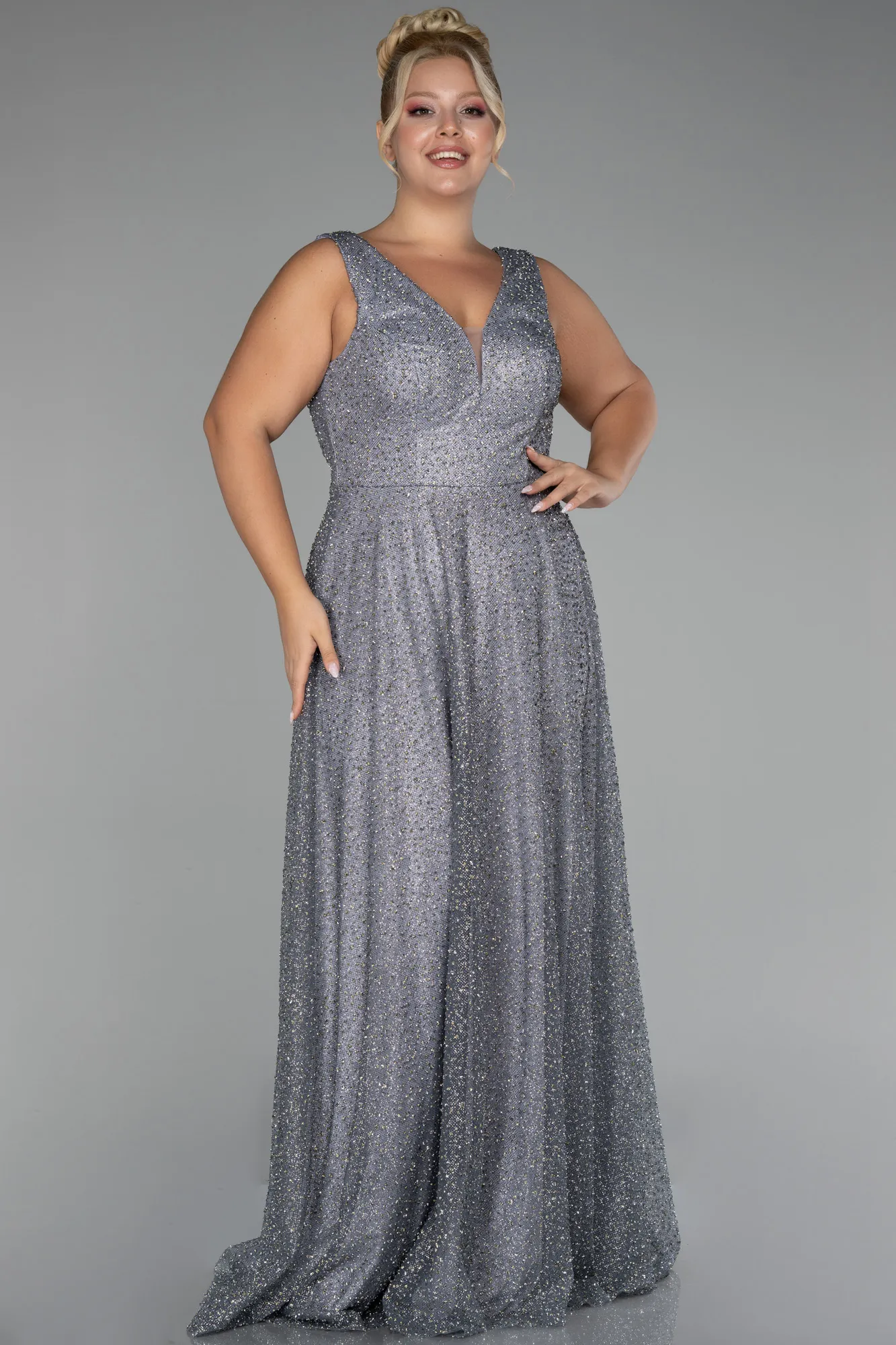 Grey-Sleevess Stony Long Plus Size Special Design Evening Dress ABU4147