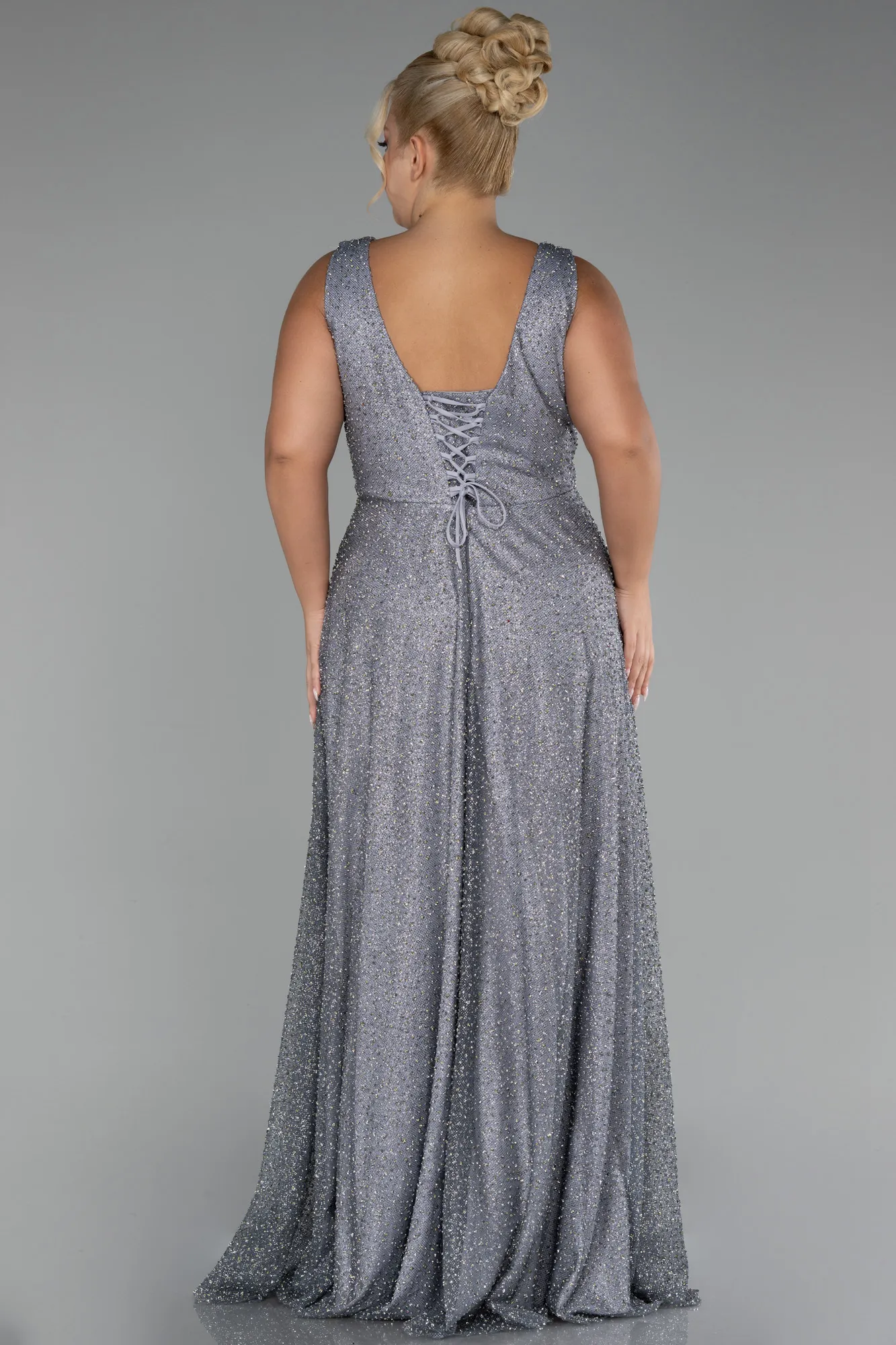 Grey-Sleevess Stony Long Plus Size Special Design Evening Dress ABU4147