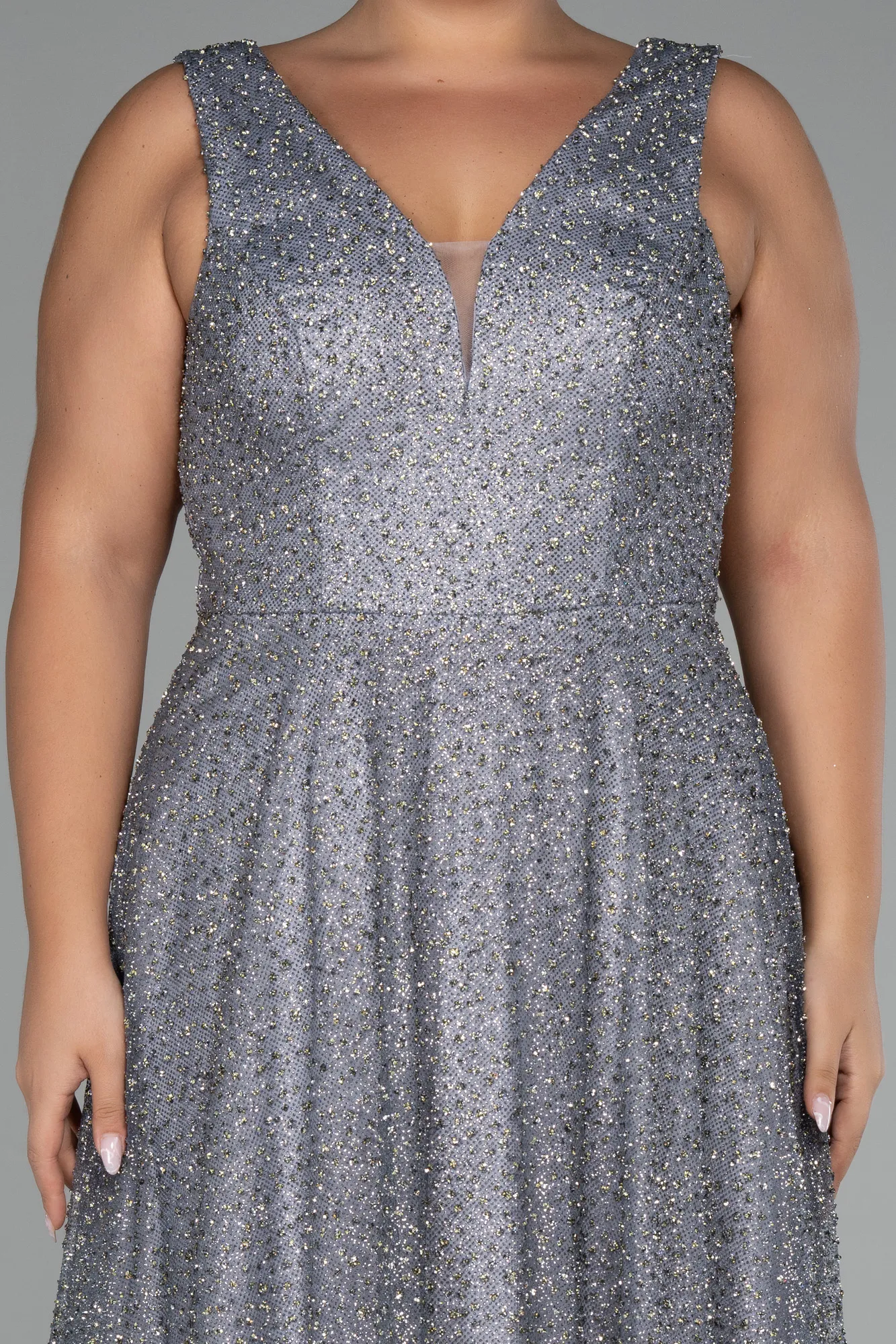 Grey-Sleevess Stony Long Plus Size Special Design Evening Dress ABU4147