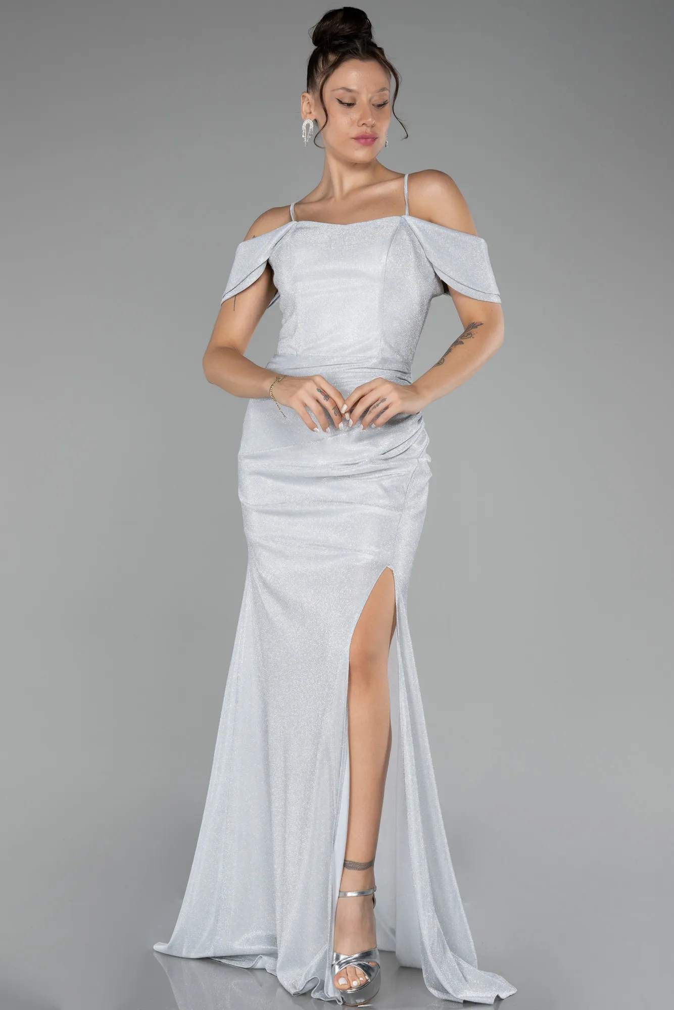 Grey-Slit Long Glitter Evening Dress ABU4212